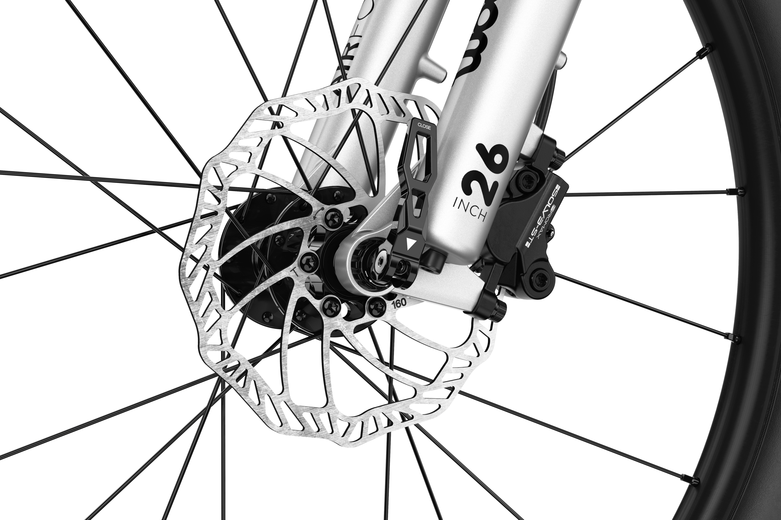 Detailed view of the front disc brake on the woom OFF AIR 6 children's mountain bike.