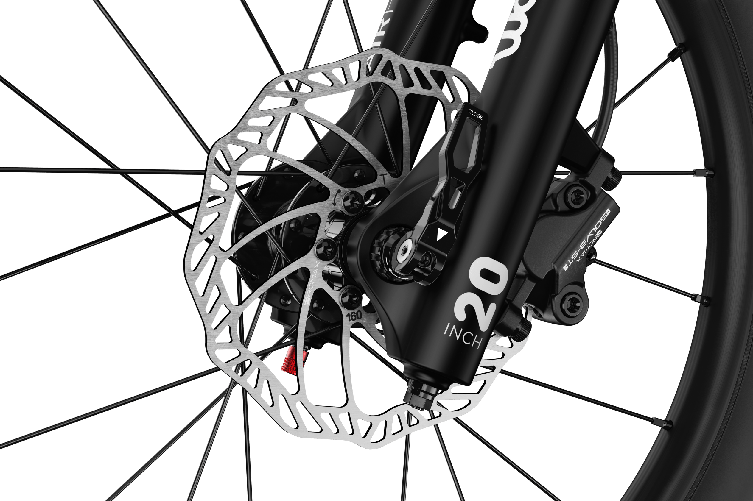 Detailed view of the front disc brake on the woom OFF AIR 4 children's mountain bike.