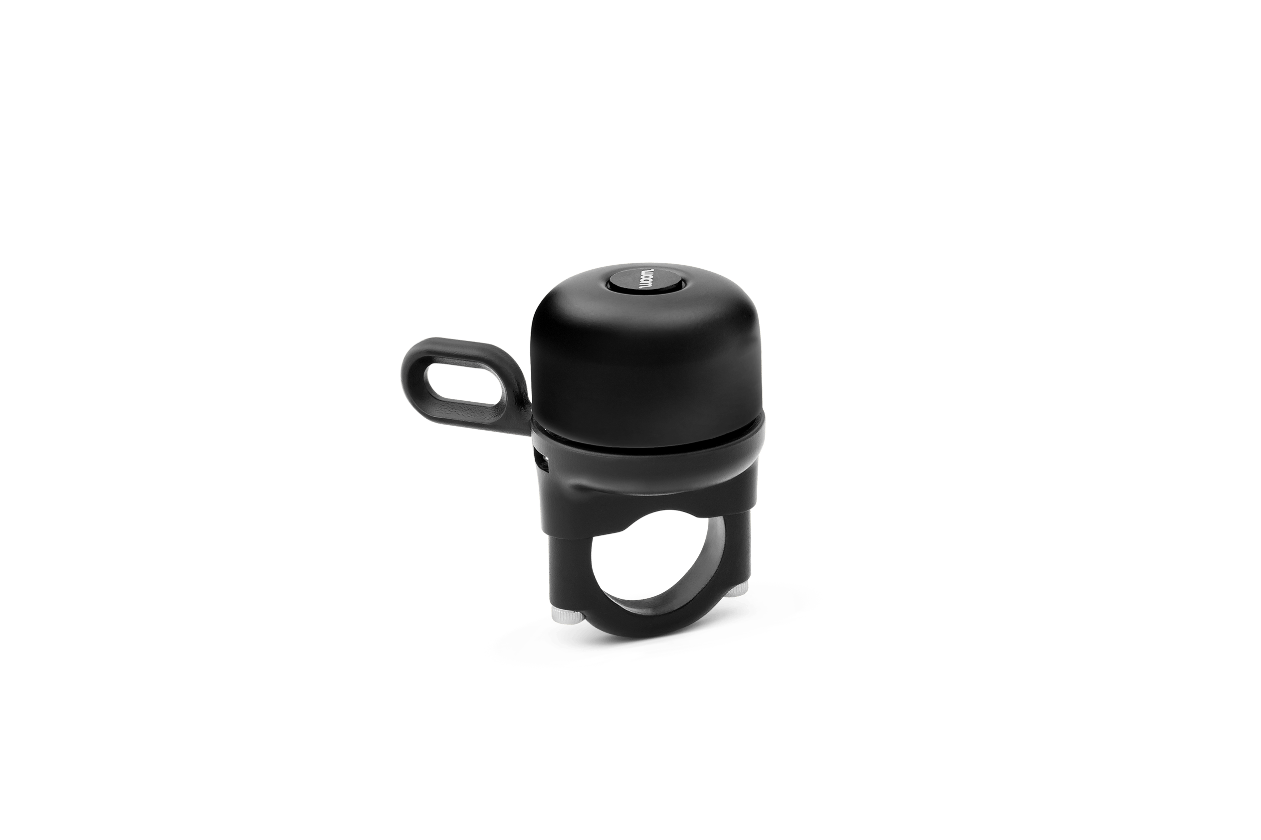 Black bicycle bell with black mallet and black holder.