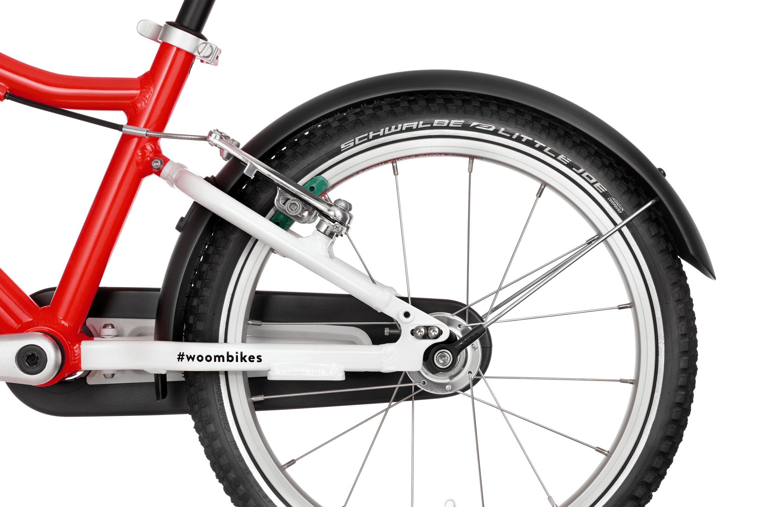 SNAP clip-on mudguard mounted on the rear wheel of a red woom kids' bike.