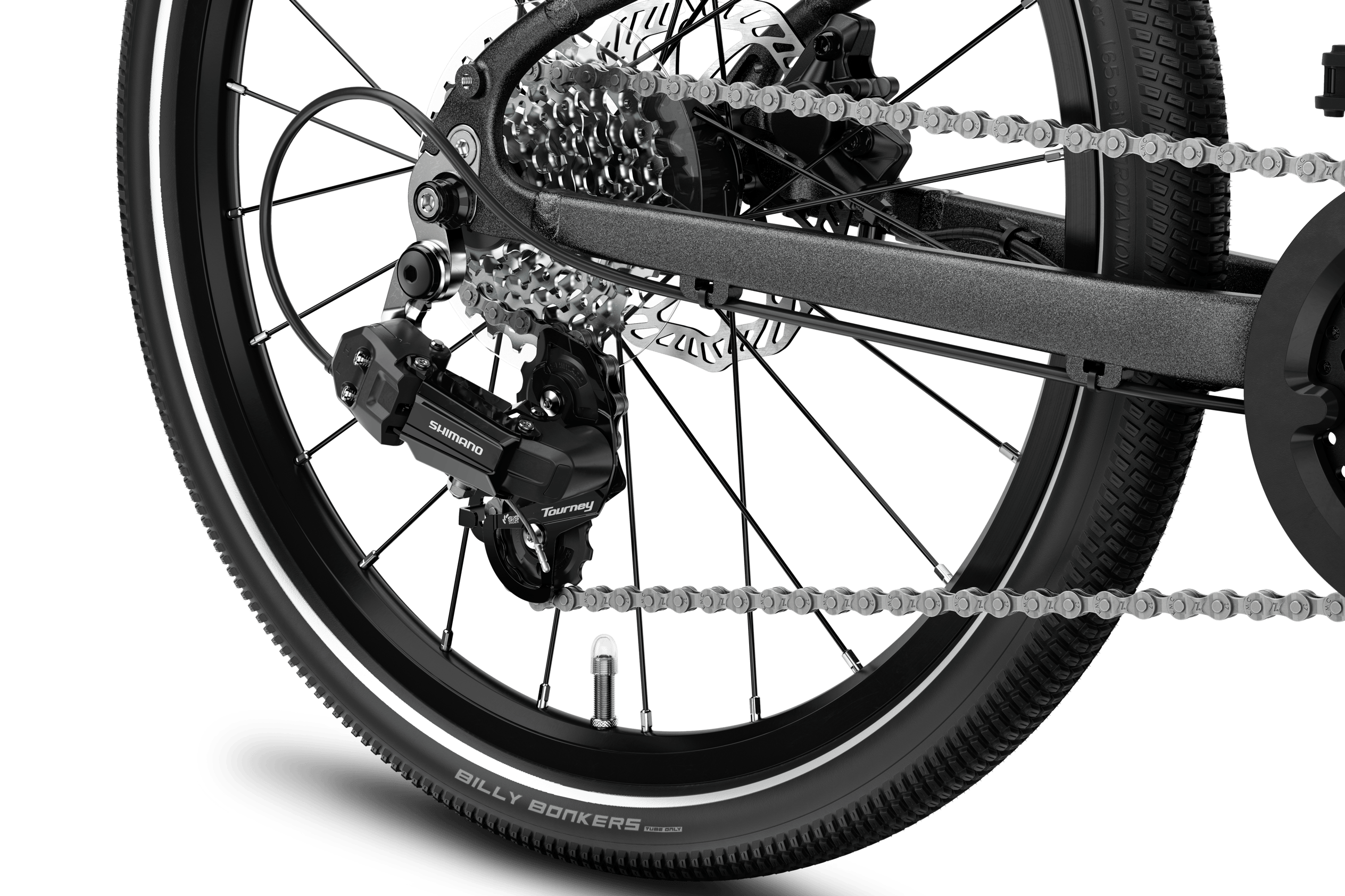 Detailaanzicht van het achterwiel van de kinderfiets woom EXPLORE 4, met cassette en Shimano-schakelmechanisme.