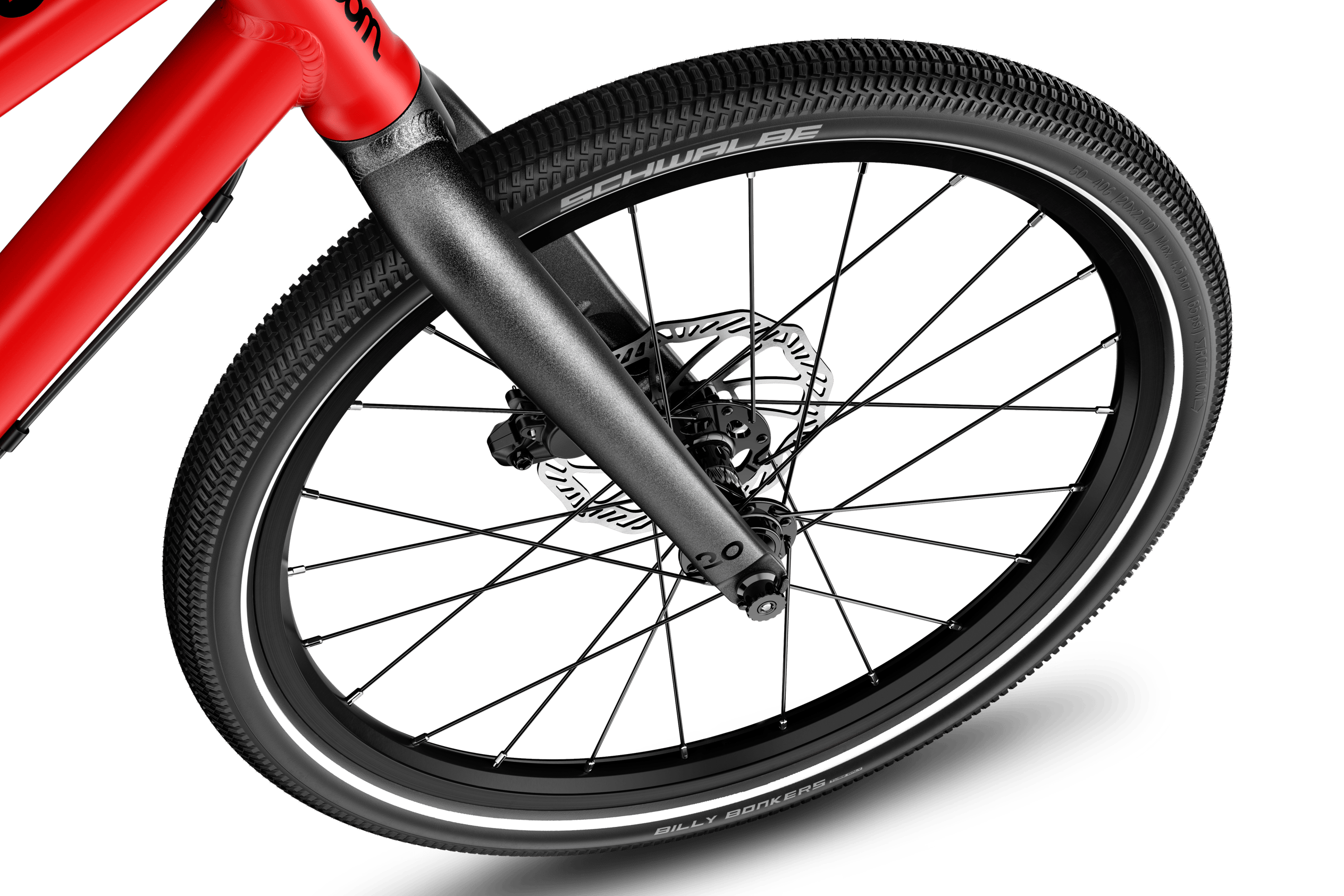 Detailaanzicht van het 20" voorwiel van de kinderfiets woom EXPLORE 4.