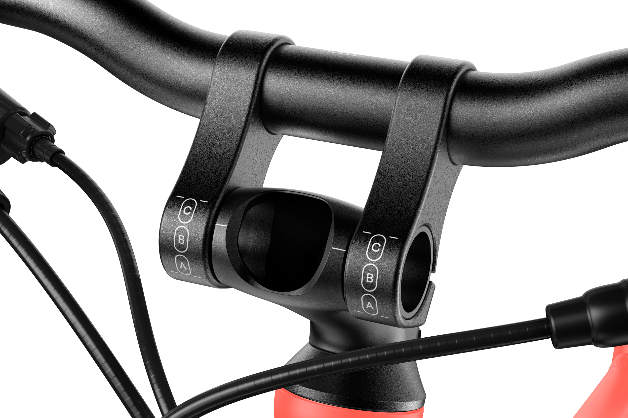 Detailed view of the ABC guide on the black stem on the woom EXPLORE 4 children's bike.