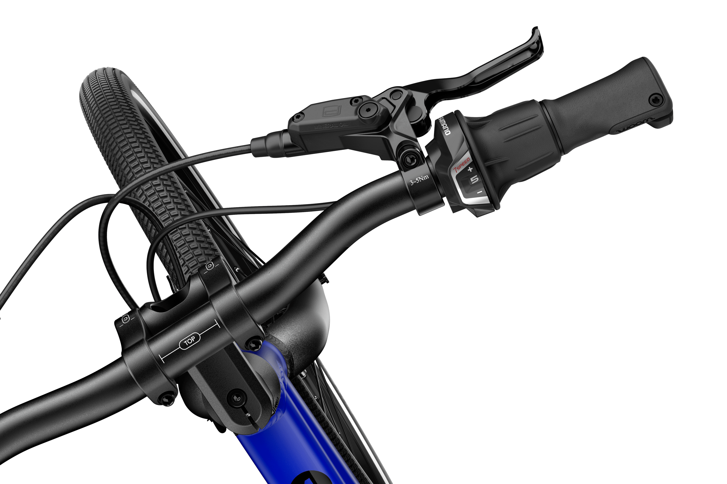 Fugleperspektiv af den højre ende af styret på en woom EXPLORE 4 børnecykel med bremsegreb og skiftegreb.