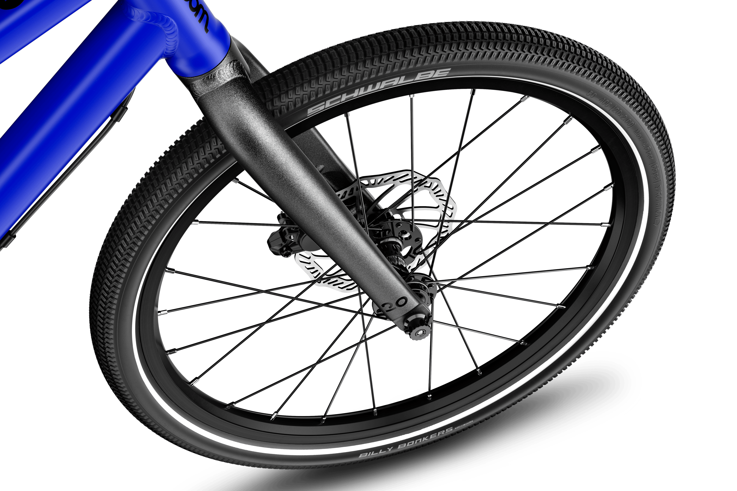 Detaljeret billede af det 20 tommers forhjul på en woom EXPLORE 4 børnecykel.
