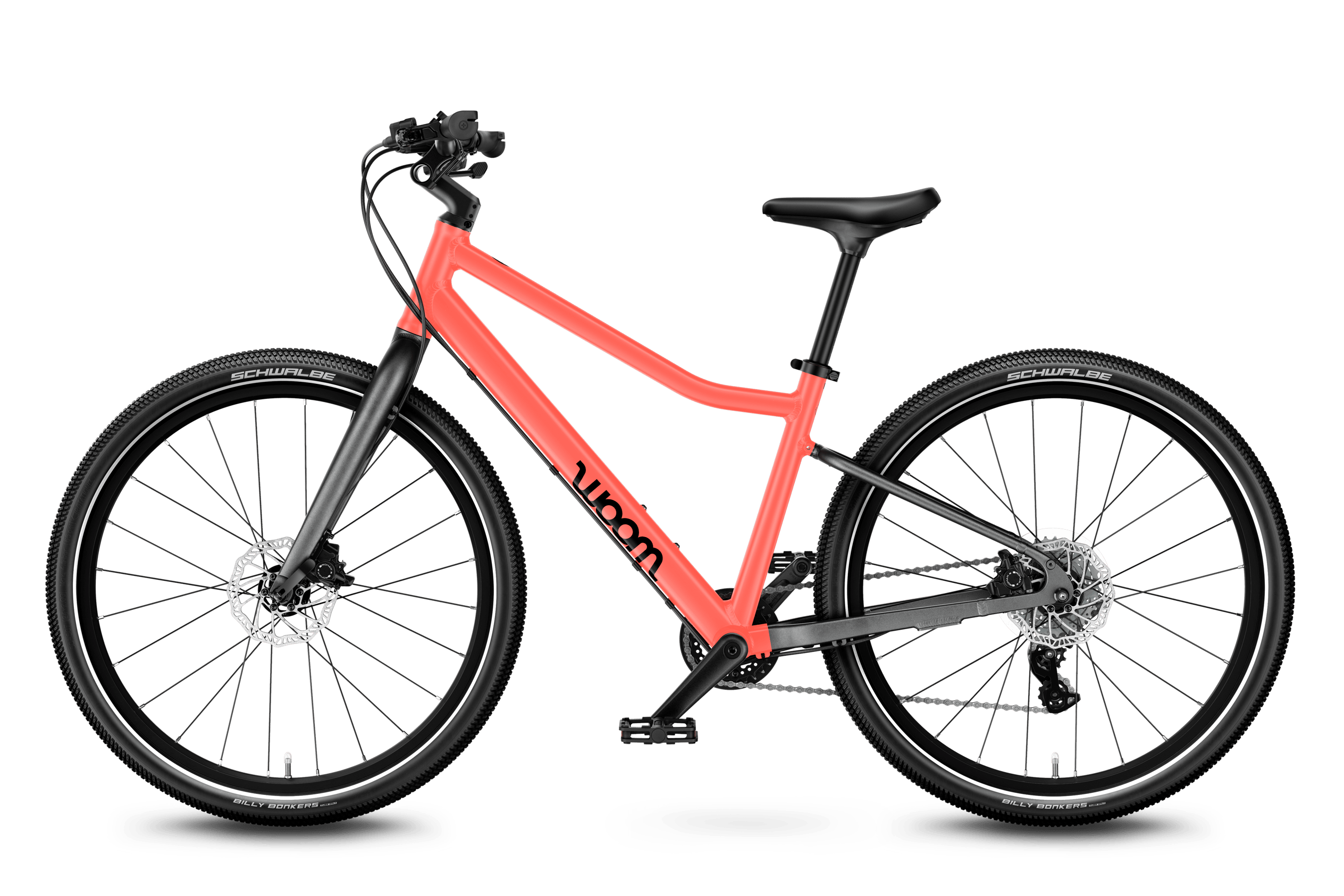Sidovy av woom EXPLORE 5-barncykeln, färdriktning åt vänster.