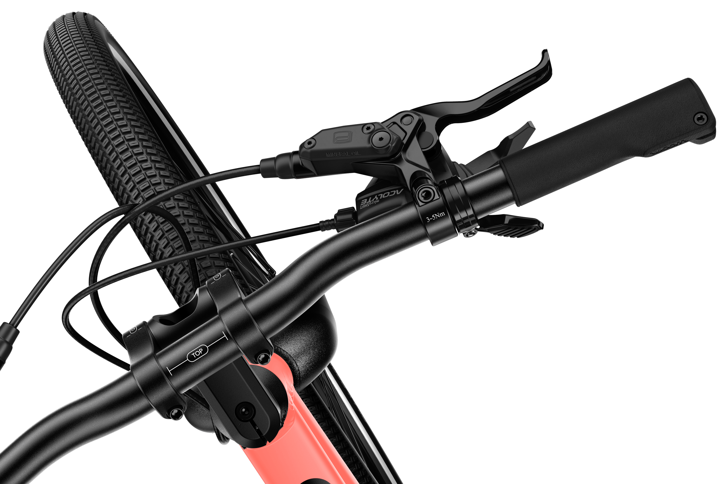 Vy ovanifrån av höger styrände på woom EXPLORE 5-barncykeln, med bromsspak och Trigger-växelreglage.