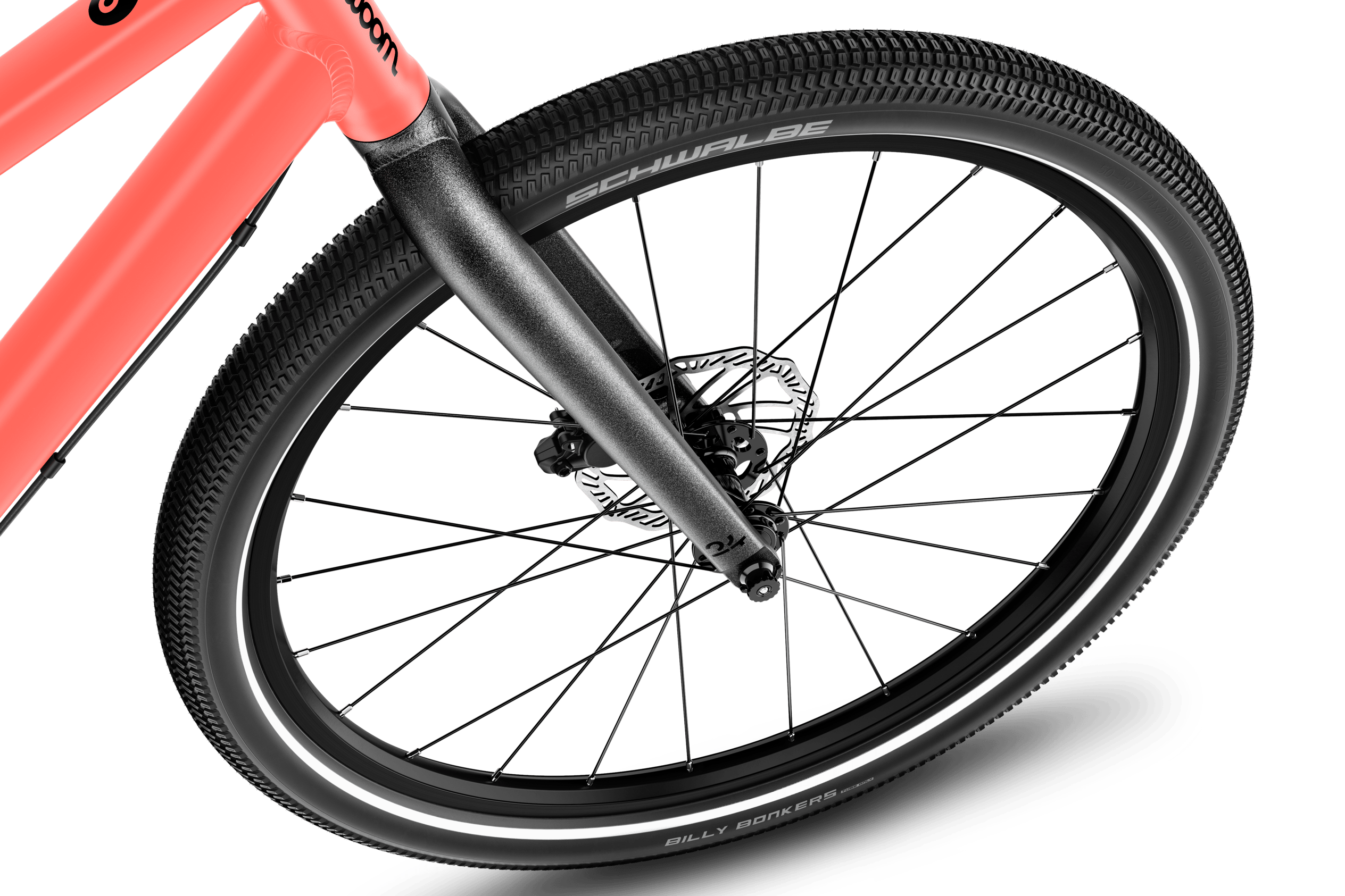 Detaljerad vy av framhjulet 24 tum på woom EXPLORE 5-barncykeln.