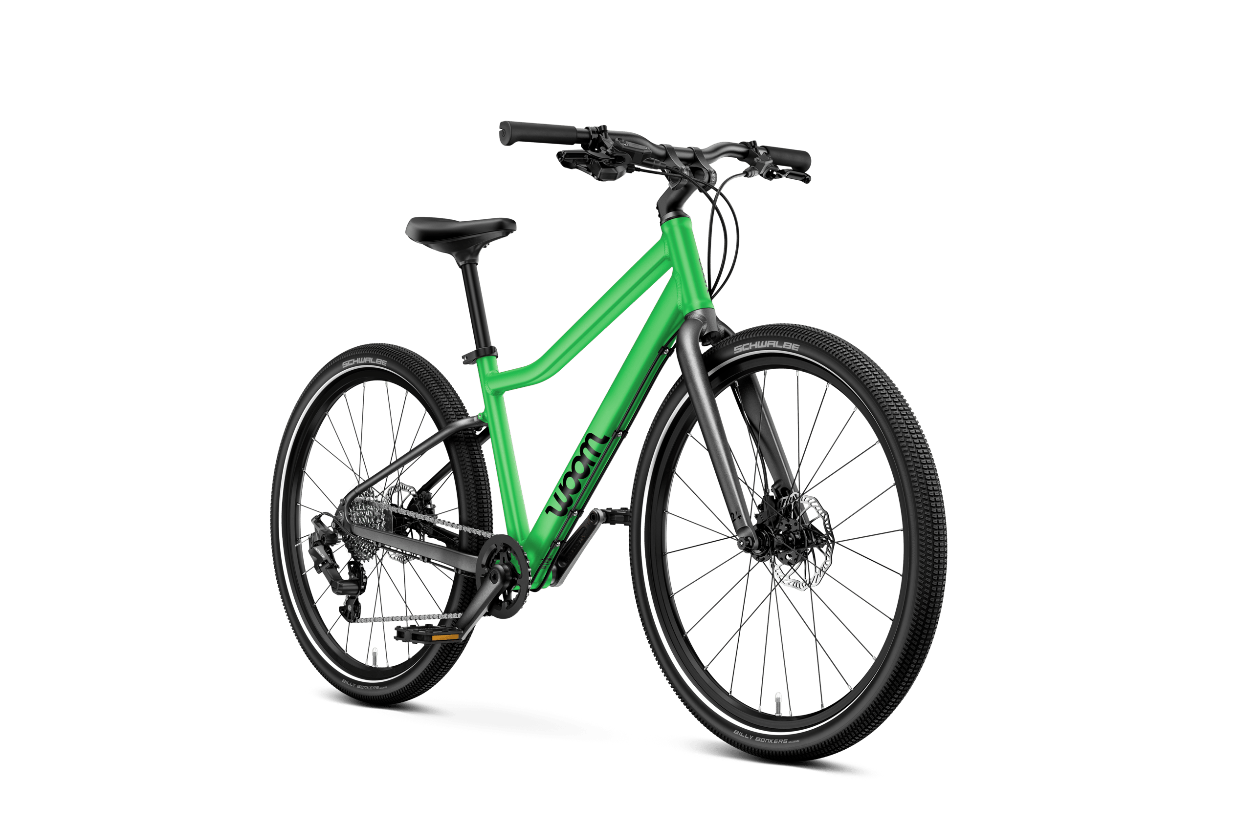 Vue latérale de face du vélo enfant woom EXPLORE 5 pour les enfants à partir de sept ans.