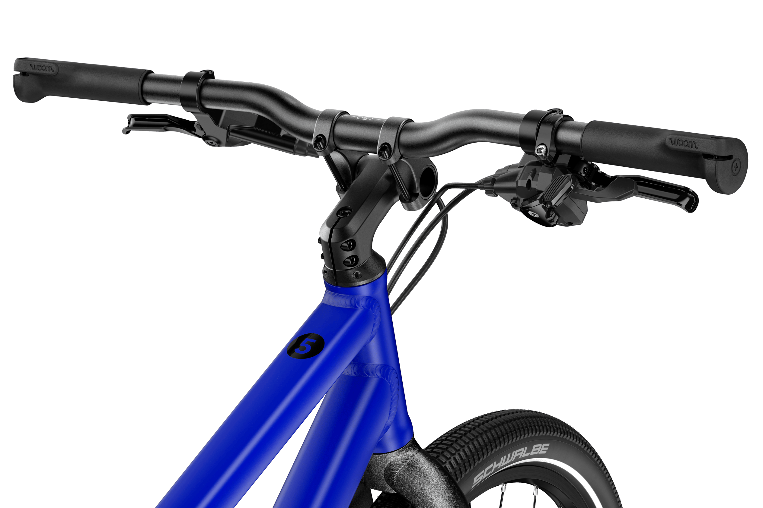 Detailed side view of the handlebars, stem, head tube and front wheel on the woom EXPLORE 5, from the saddle.