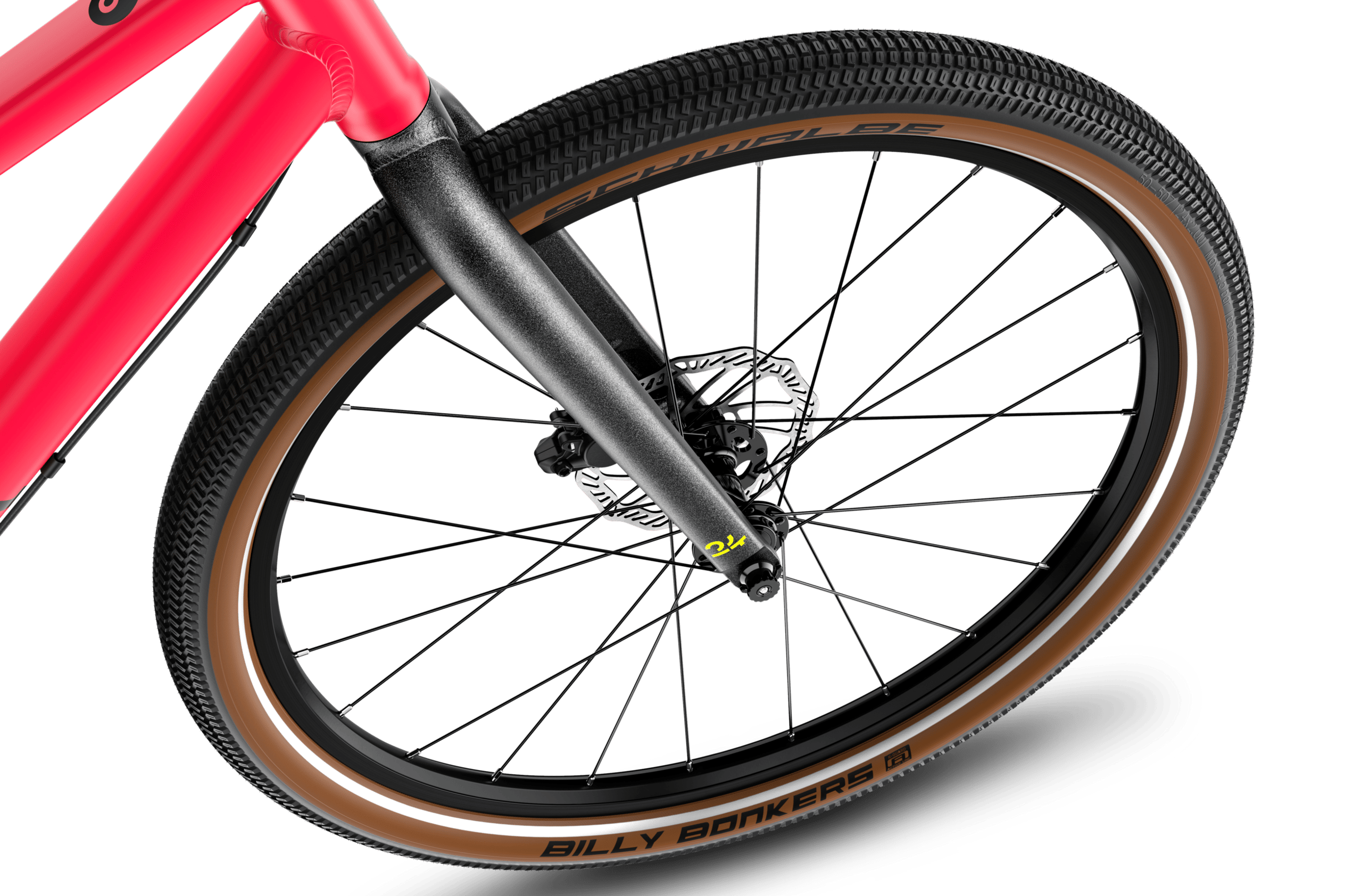 Detailansicht des 24-Zoll-Vorderrads am woom EXPLORE 5 Kinderfahrrad.