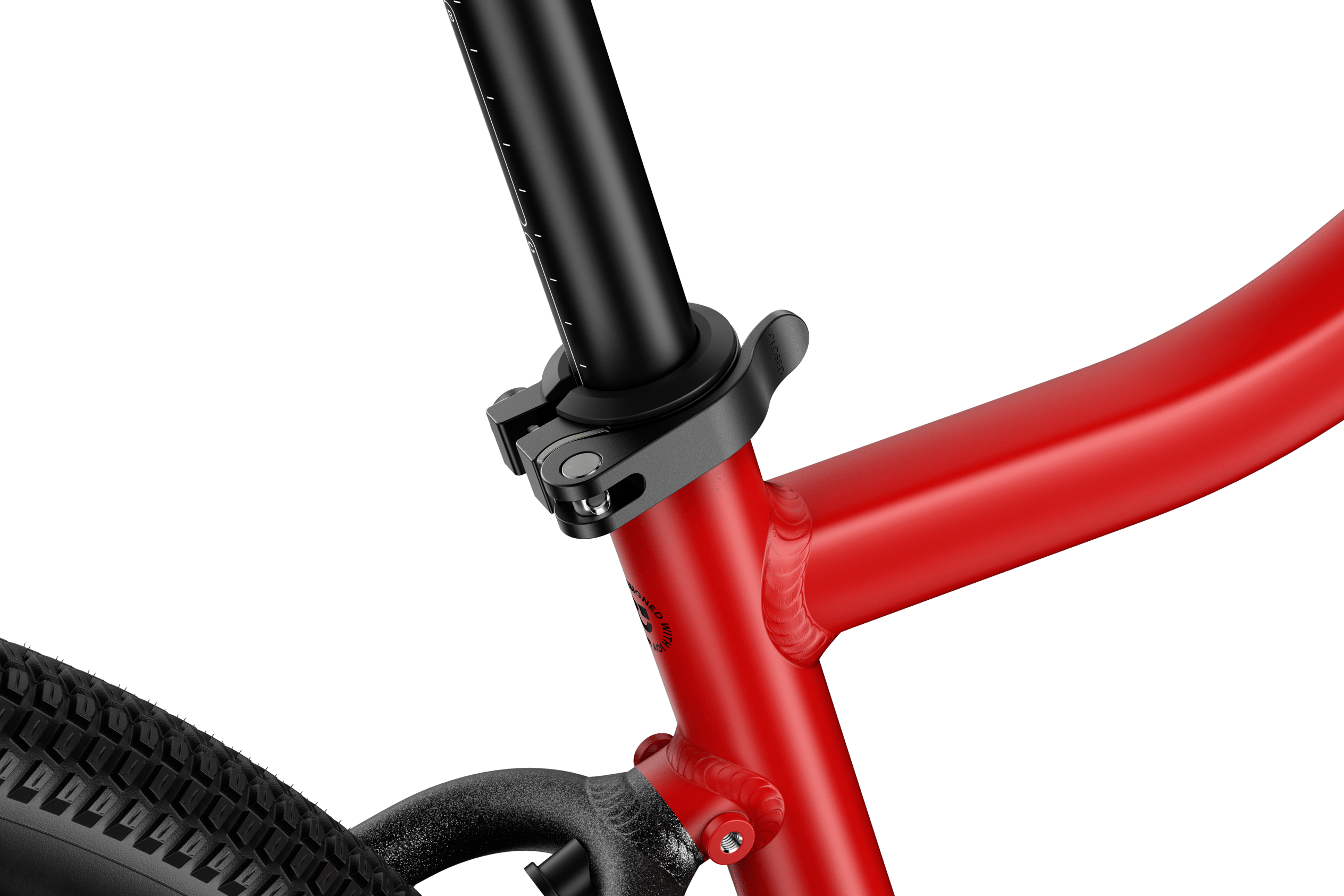 Detaljerad vy av den svarta sadelns snabbkoppling på woom EXPLORE 6-barncykeln.