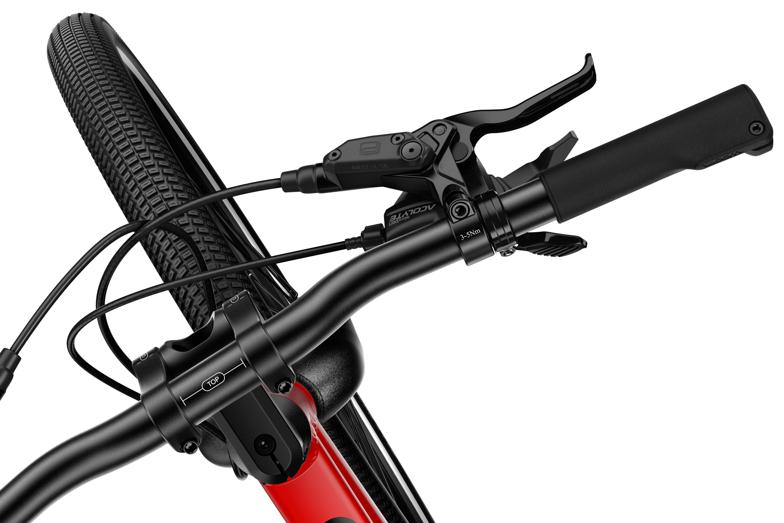 Vy ovanifrån av höger styrände på woom EXPLORE 6-barncykeln, med bromsspak och Trigger-växelreglage.