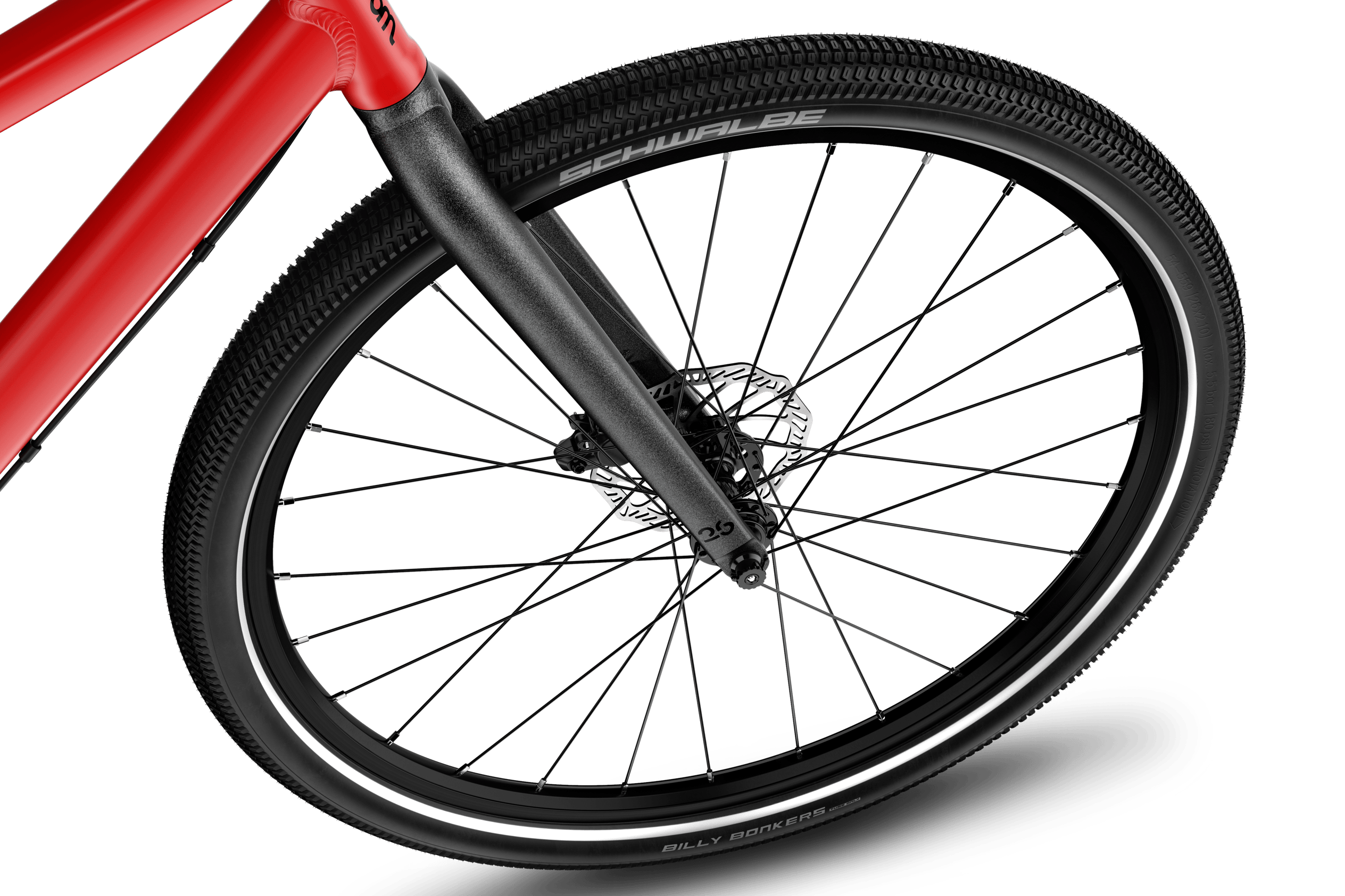 Detaljerad vy av framhjulet på 26 tum på woom EXPLORE 6-barncykeln.