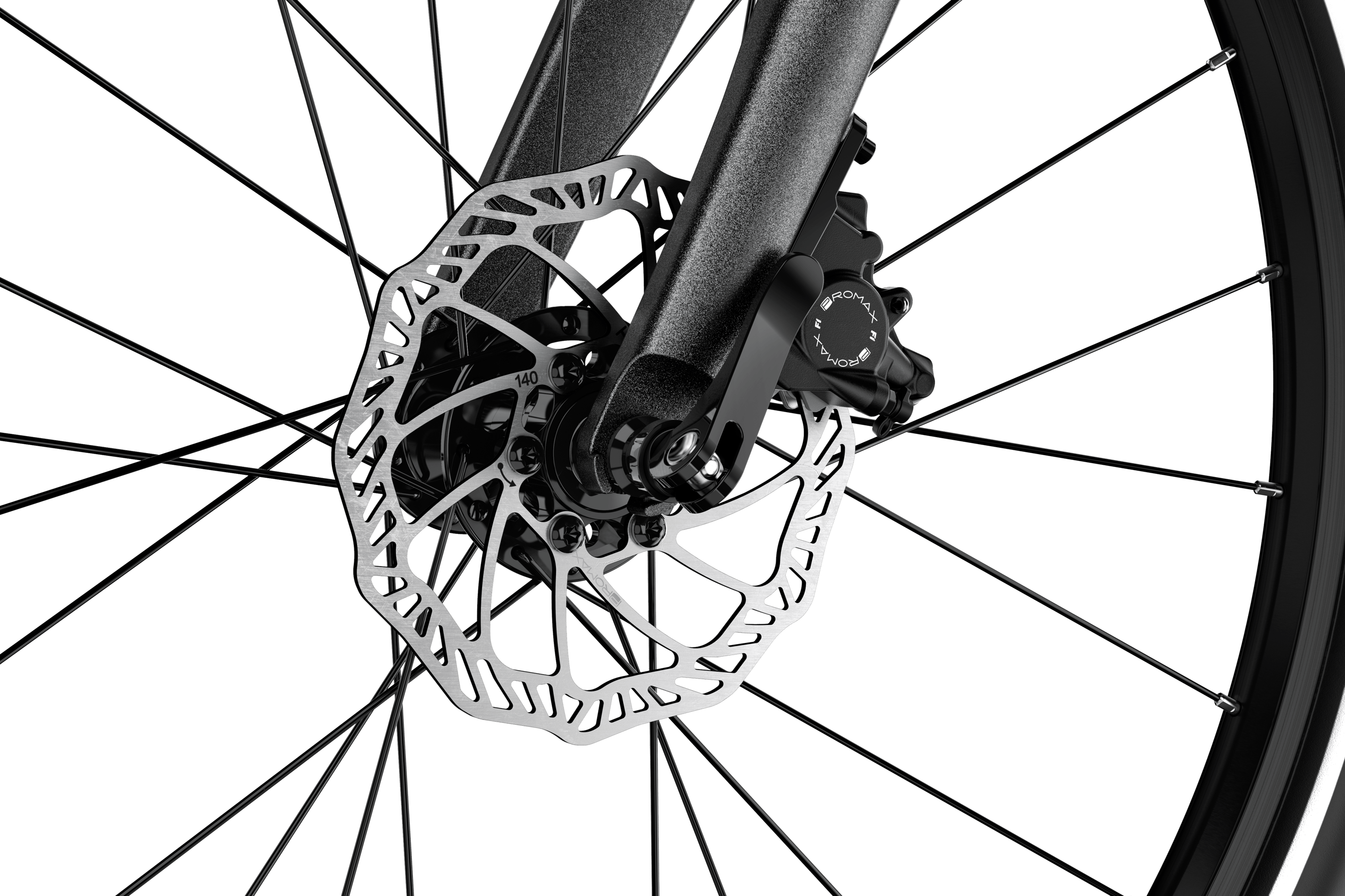 Vue détaillée de la roue avant du vélo enfant woom EXPLORE 6 avec frein à disque et axe de serrage rapide.