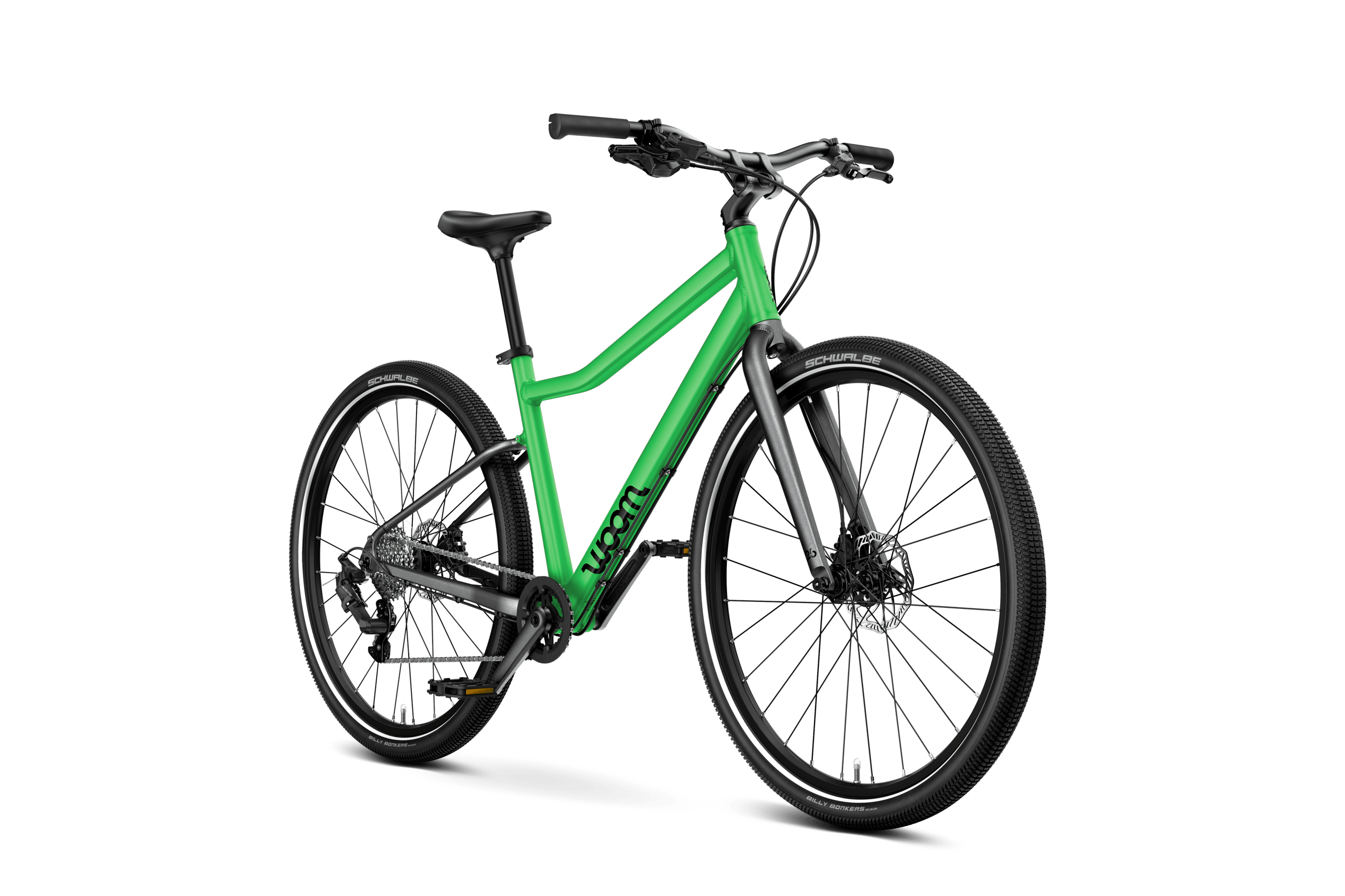 Vue latérale de face du vélo enfant woom EXPLORE 6 pour les enfants à partir de dix ans.