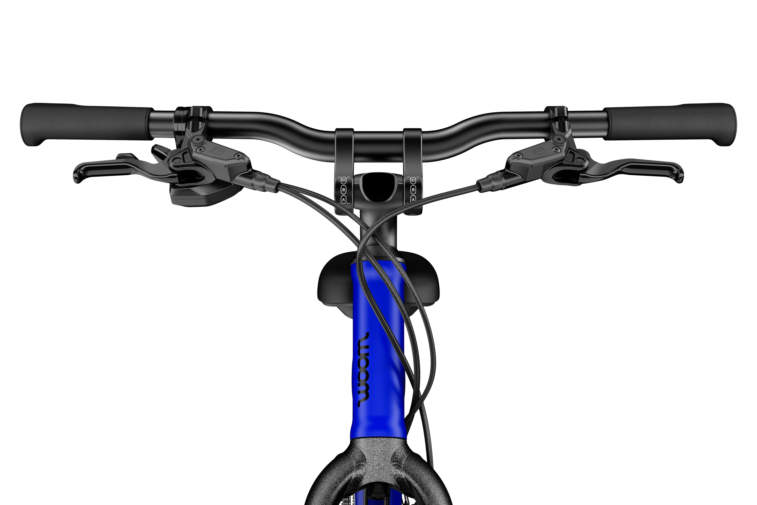 Front detailed view of the head tube, stem, handlebars and grips on the woom EXPLORE 6 children's bike.