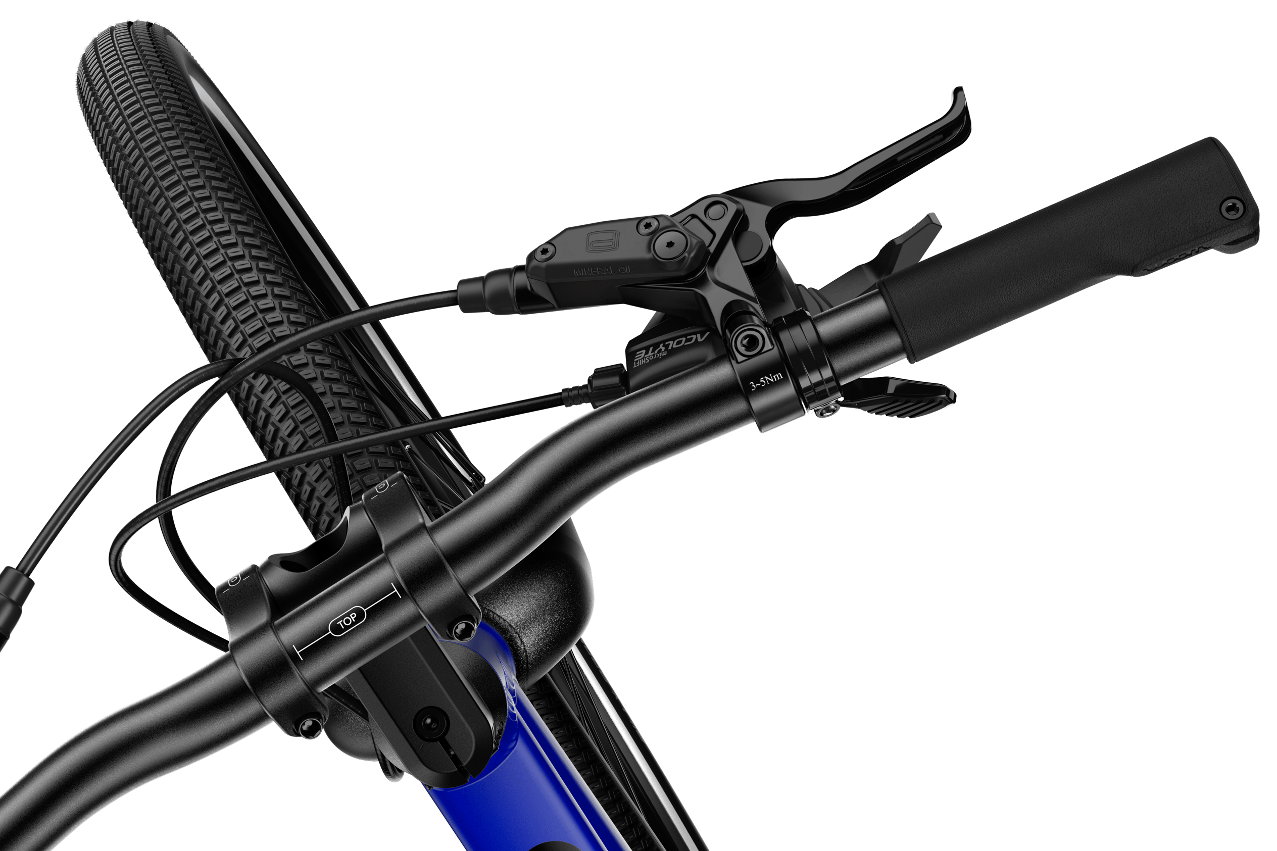 Bird's-eye view of the right handlebar end on the woom EXPLORE 6 children's bike, including brake lever and trigger shifter.