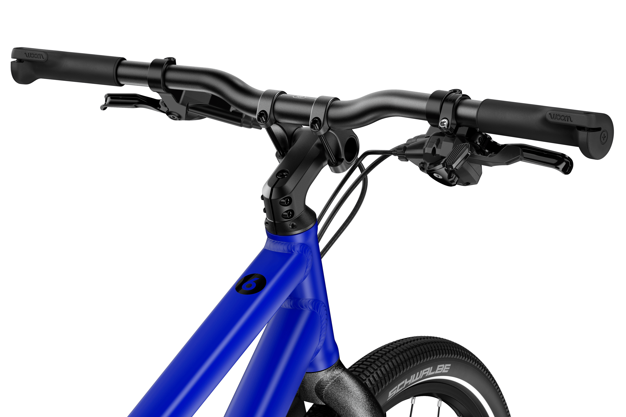 Detailed side view of the handlebars, stem, head tube and front wheel on the woom EXPLORE 6, from the saddle.