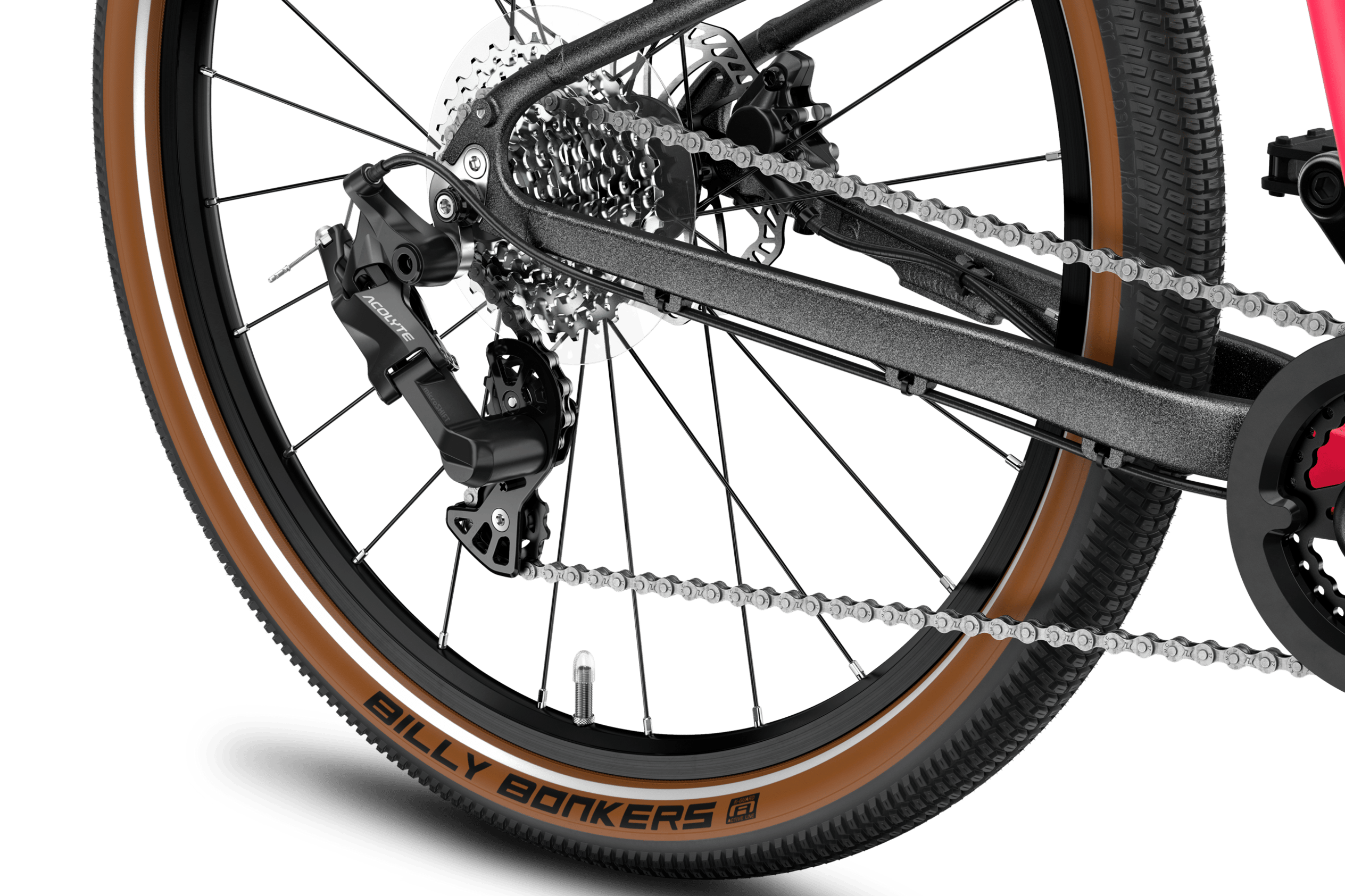 Detailed view of the back wheel on the woom EXPLORE 6 children's bike, including cassette and microSHIFT rear derailleur.