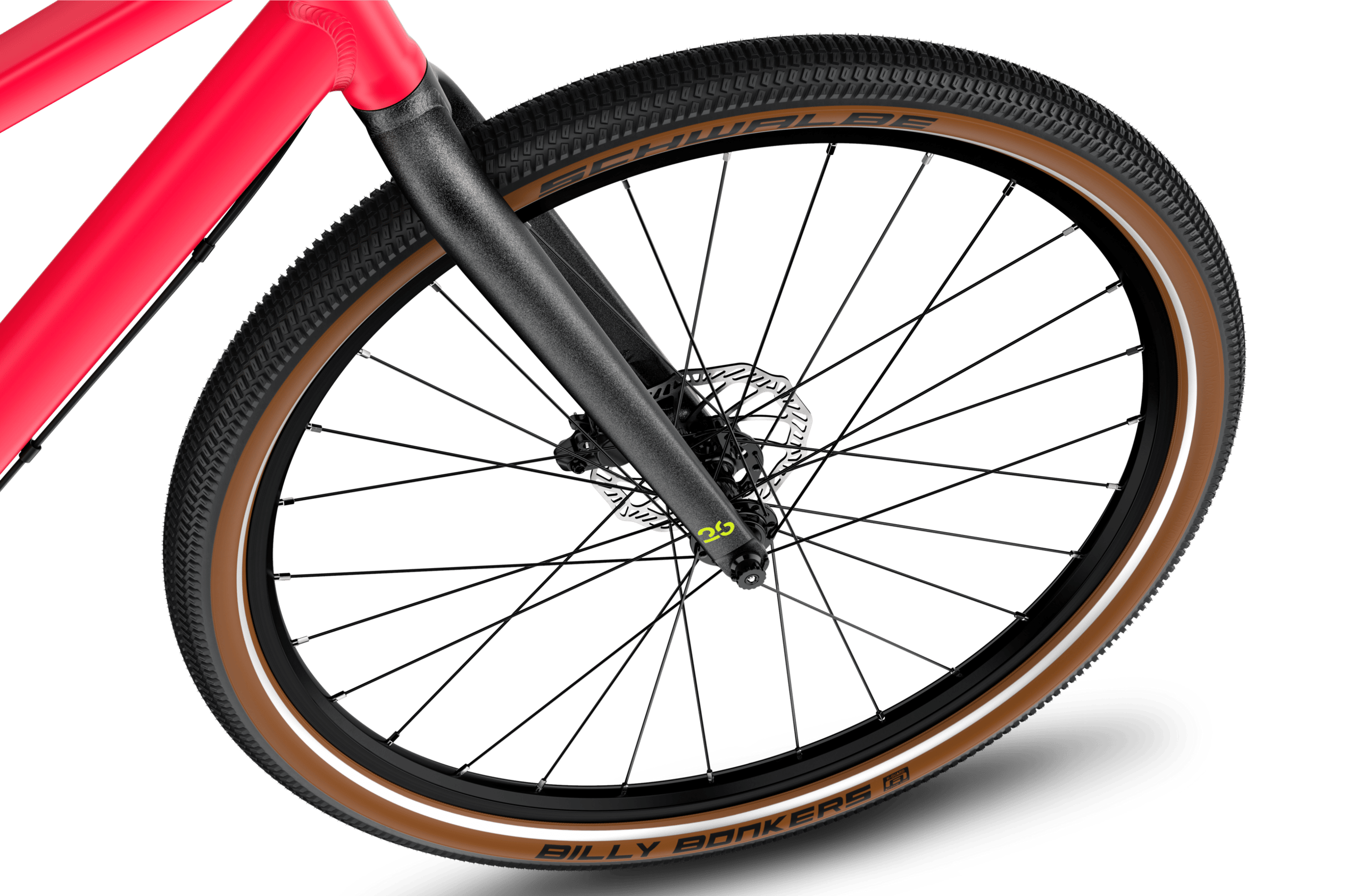 Detailed view of the 26” front wheel on the woom EXPLORE 6 children's bike.