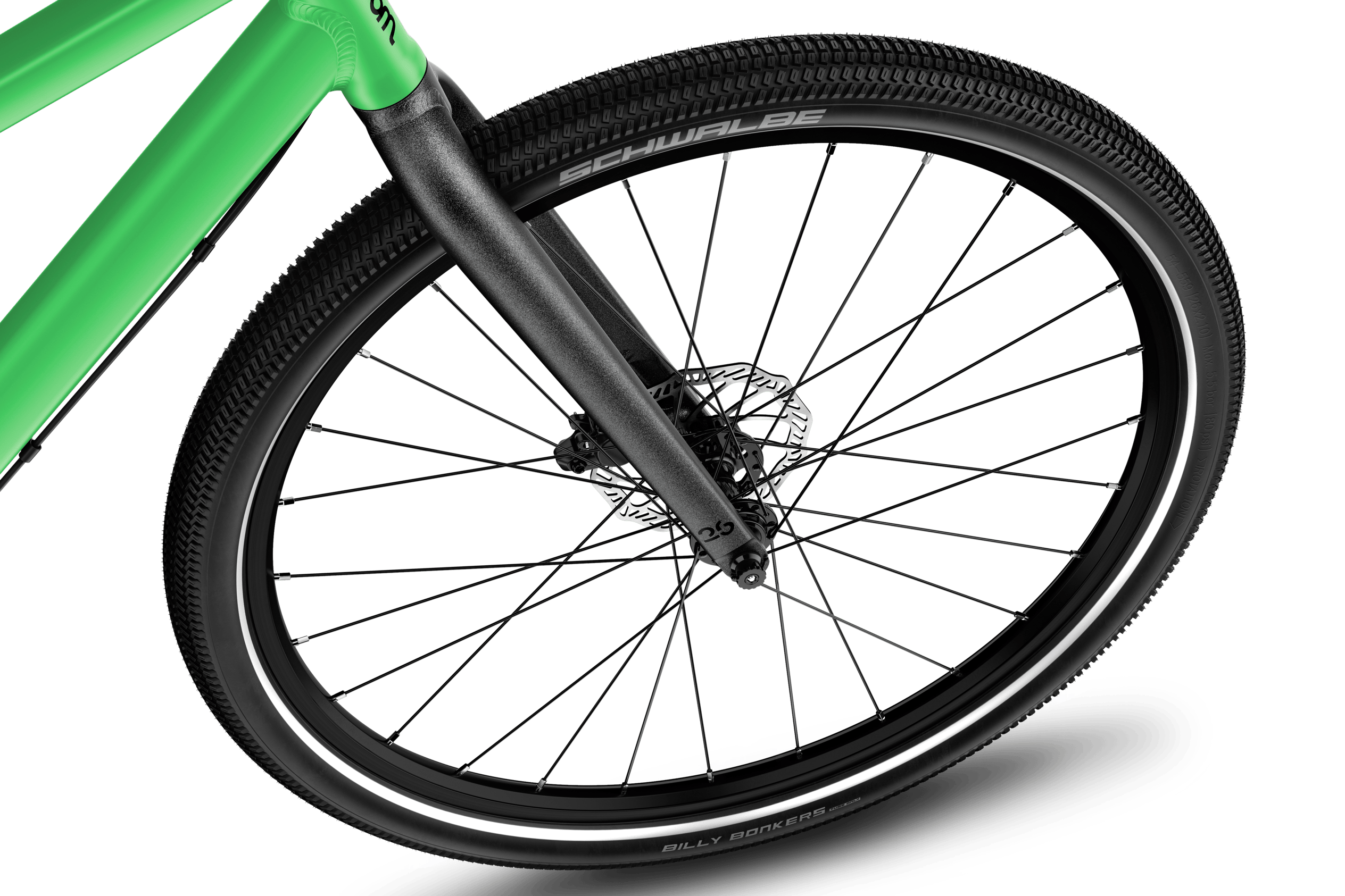 Detailed view of the 26” front wheel on the woom EXPLORE 6 children's bike.