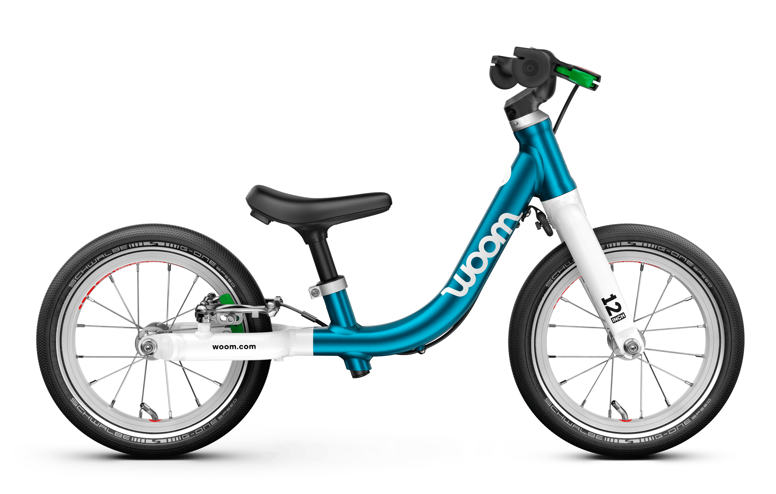 Profile view of the woom GO 1 balance bike for children aged 18 months and up