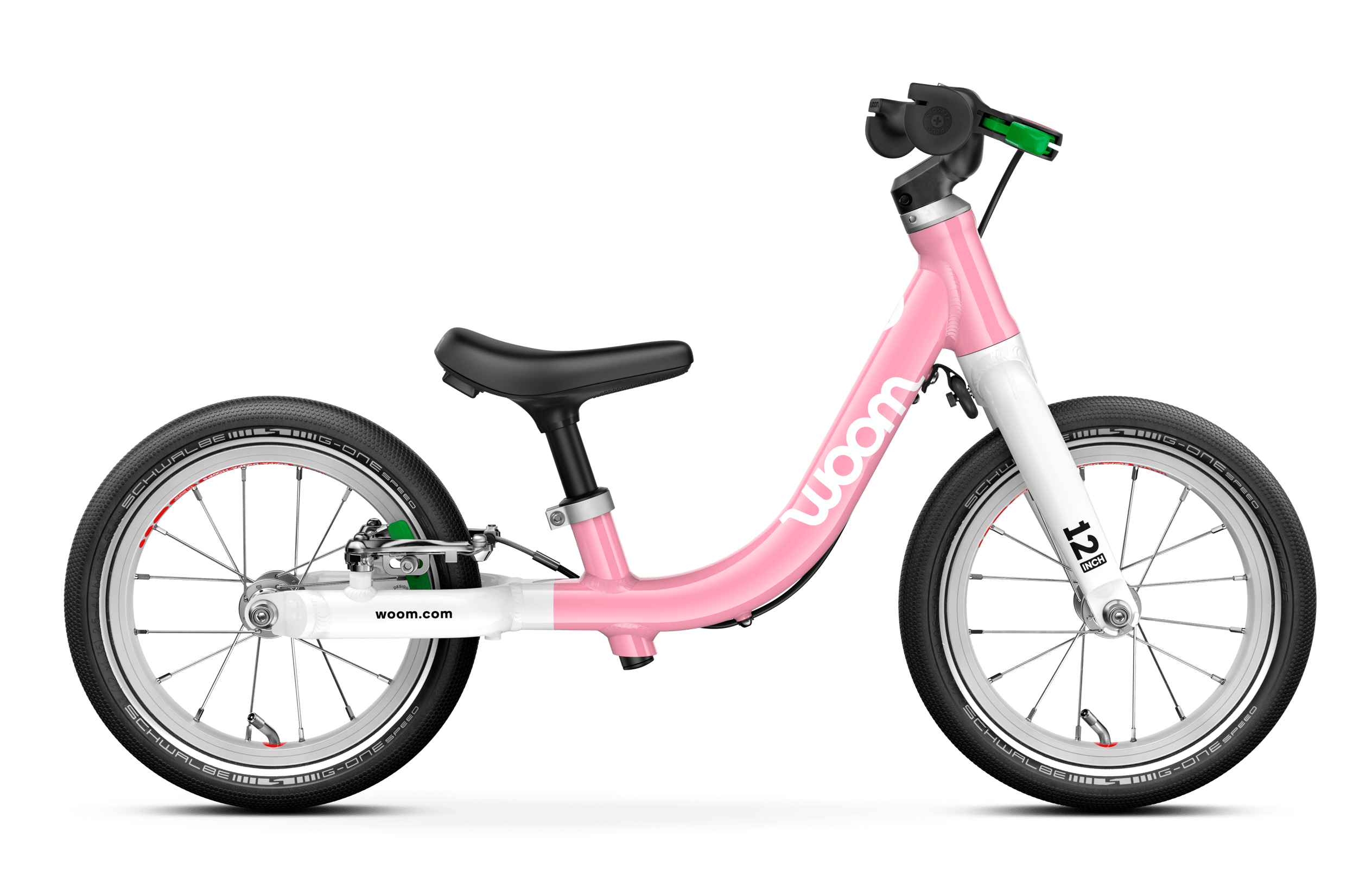 Vue latérale de la draisienne woom GO 1 pour les enfants à partir d’un an et demi