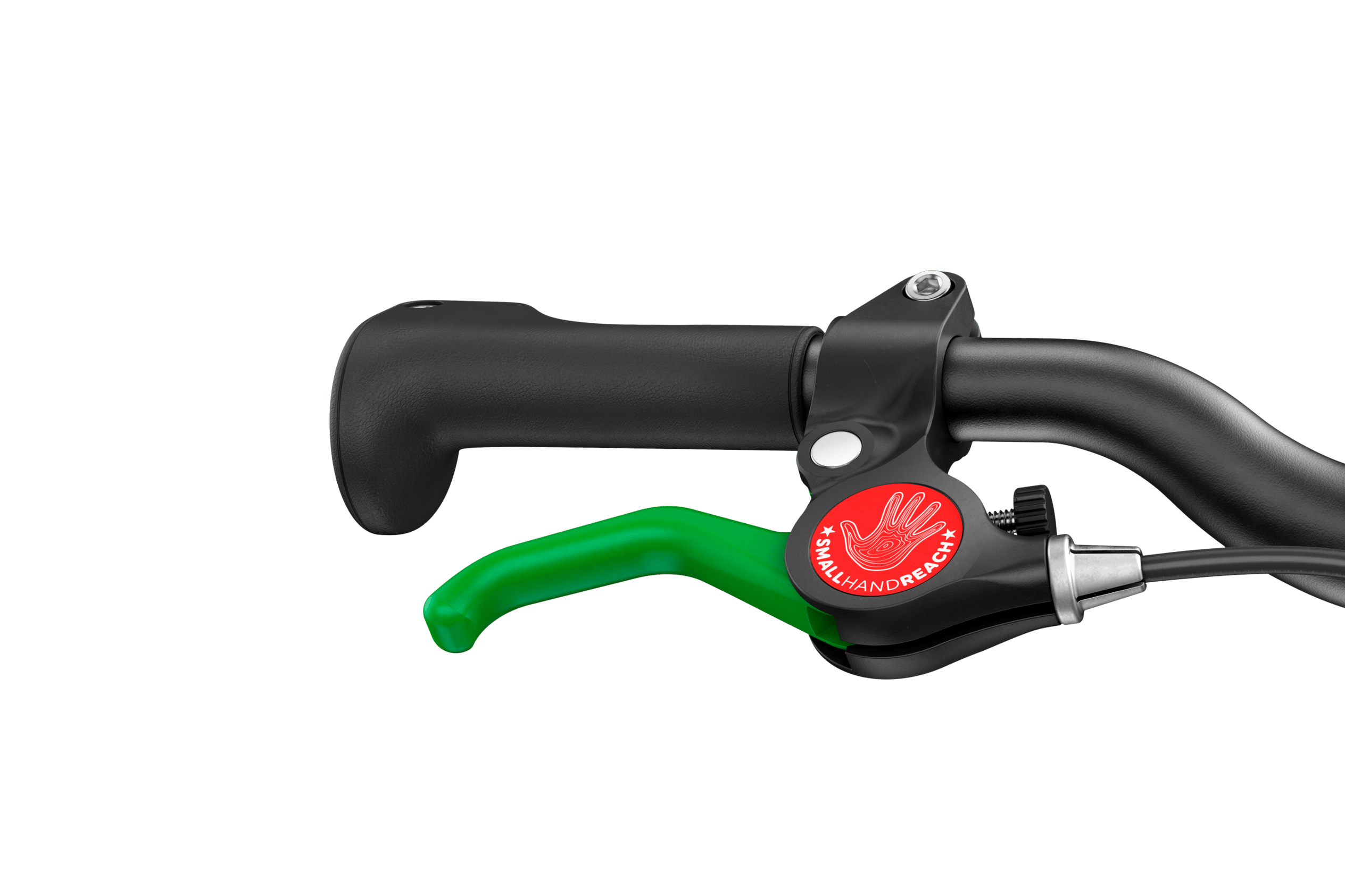 Detailed view of the green brake lever on the woom GO 1 balance bike with 12″ wheels