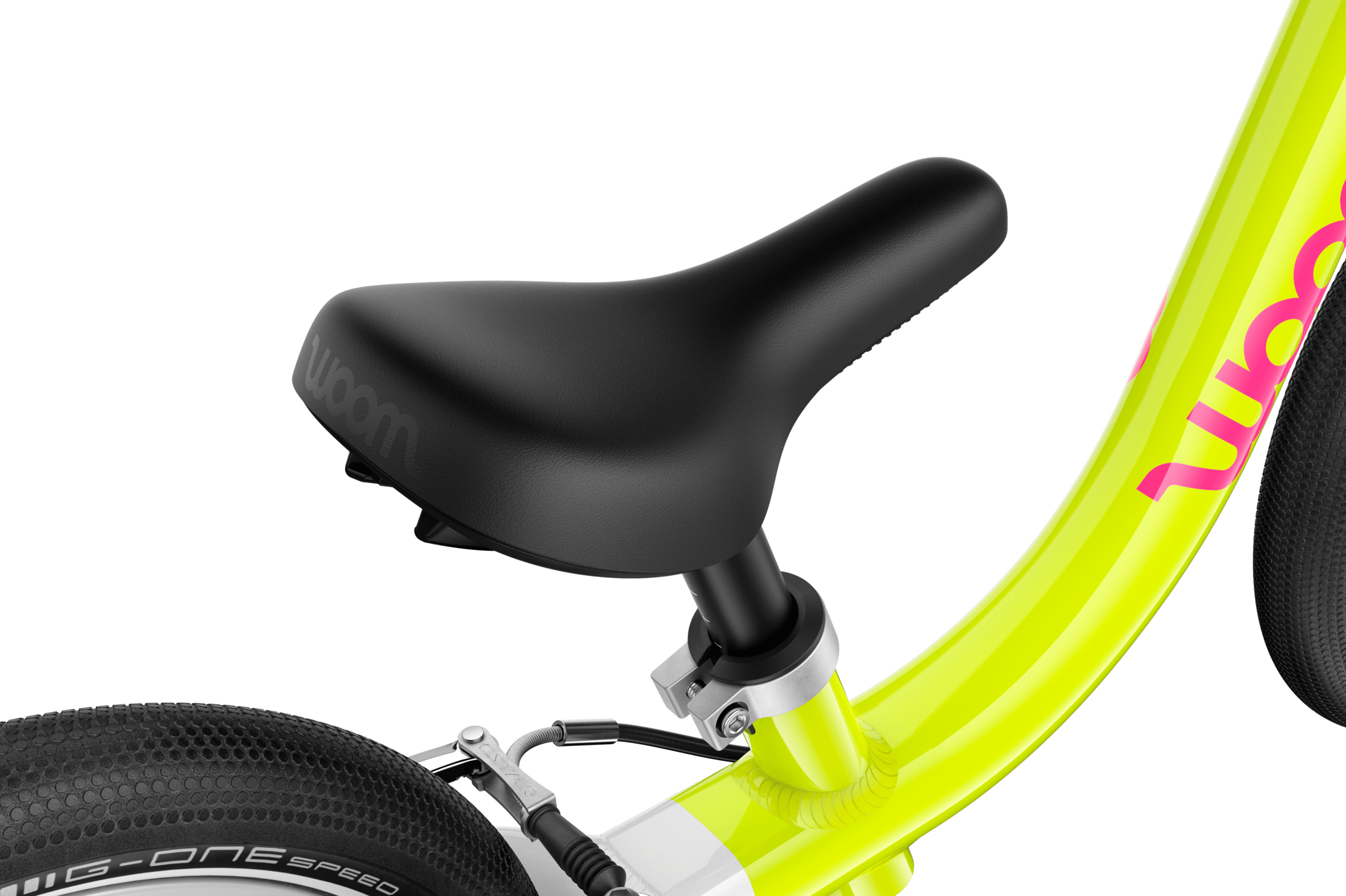 Detailed view of the banana-shaped saddle on the woom GO 1 balance bike