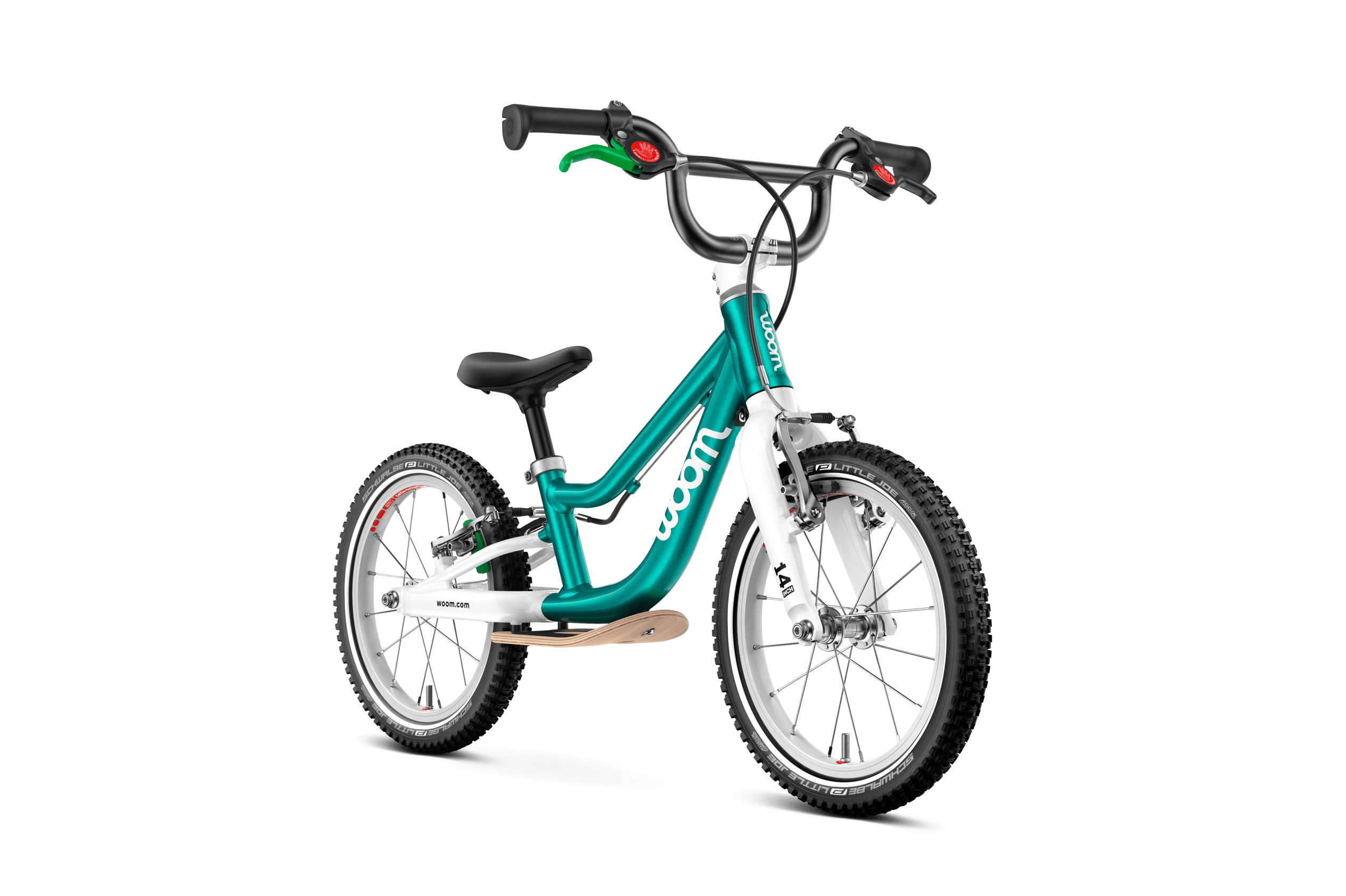 Aanzicht schuin van voren van de woom GO 1 PLUS-loopfiets voor kinderen vanaf drie jaar