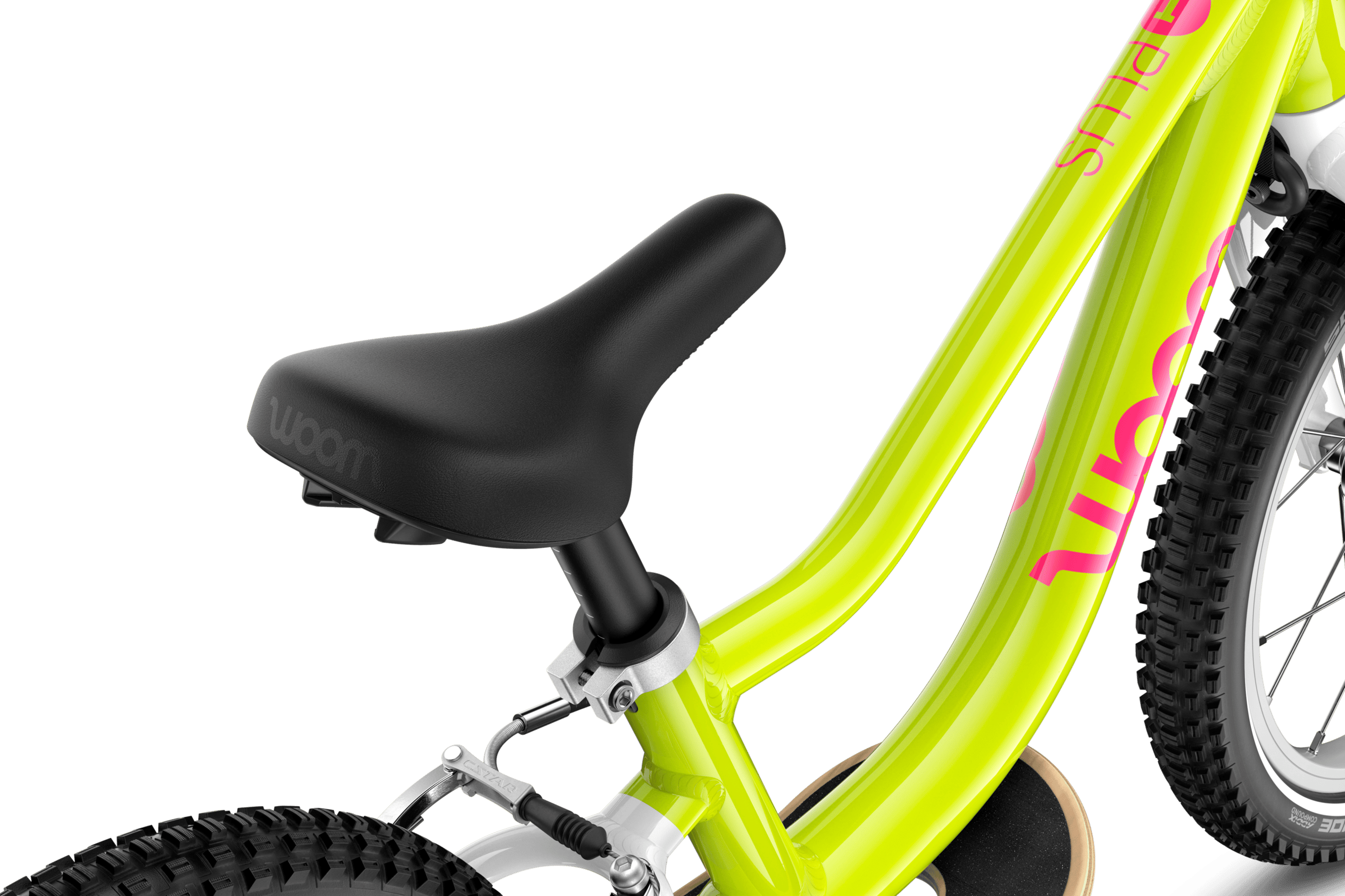 Detailaanzicht van het gebogen zadel van de woom GO 1 PLUS-loopfiets