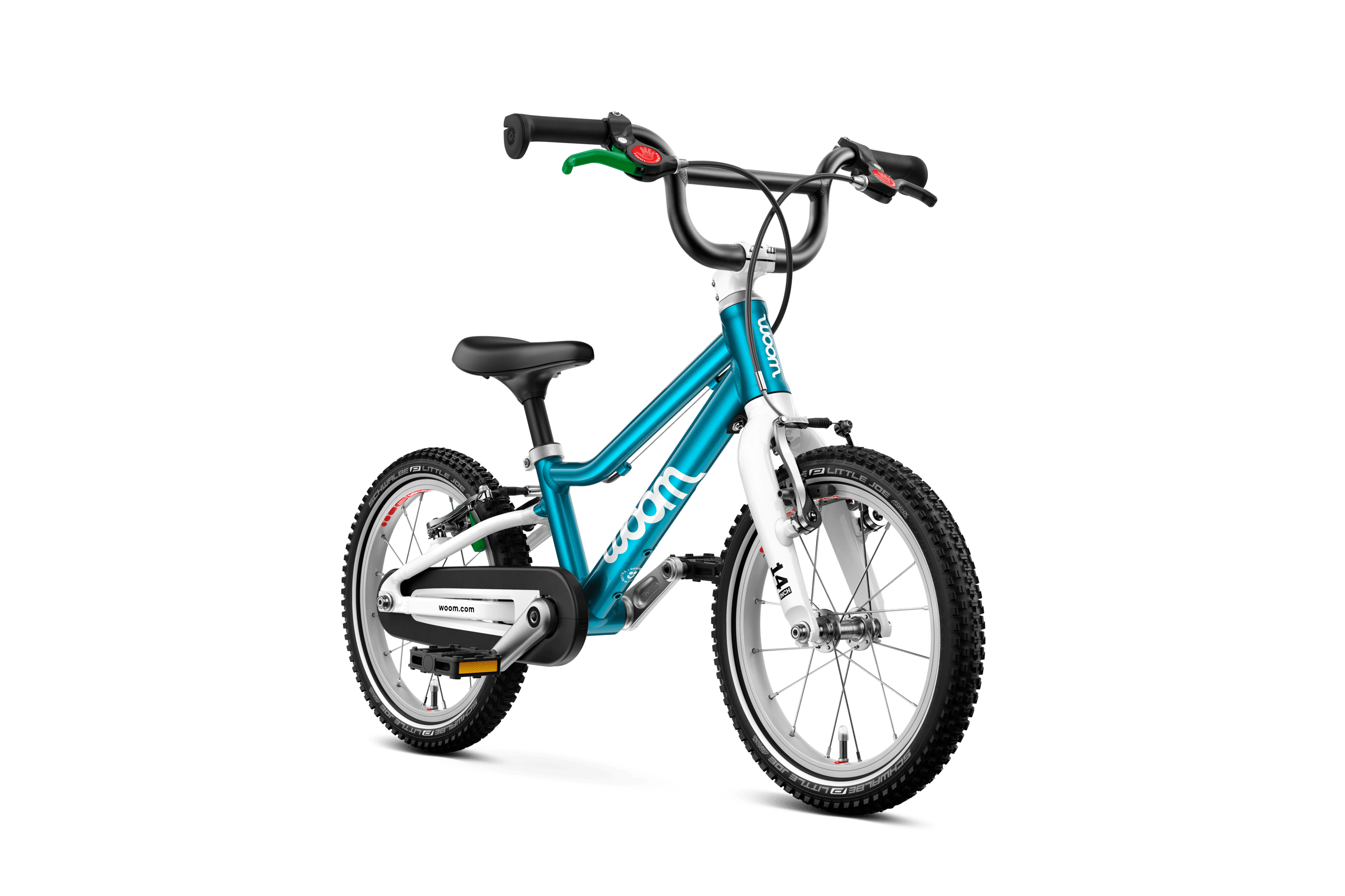 Aanzicht schuin van voren van de woom GO 2-kinderfiets voor kinderen vanaf drie jaar