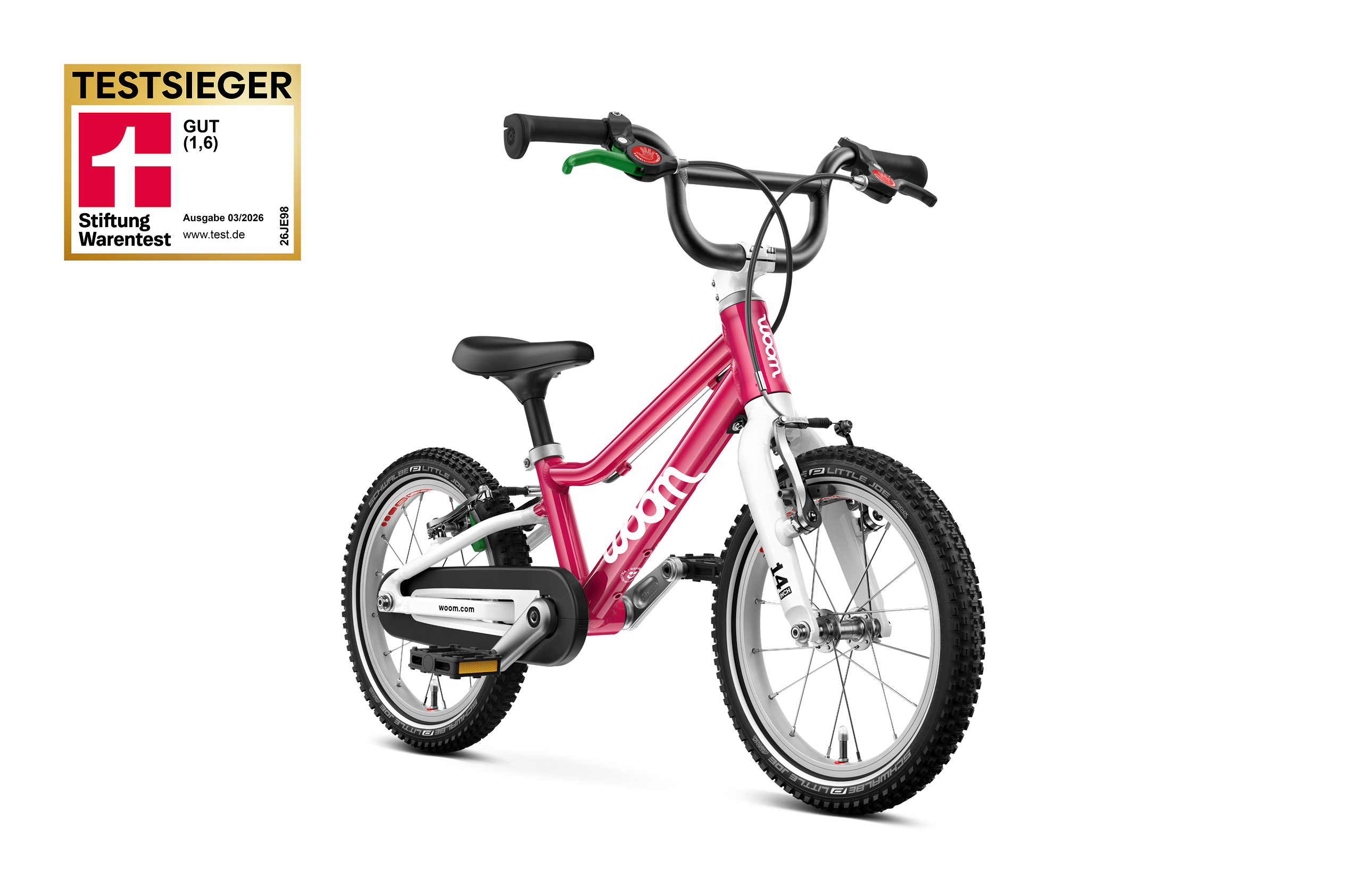 Seitliche Frontansicht des Kinderfahrrads woom GO 2 für Kinder ab drei Jahren