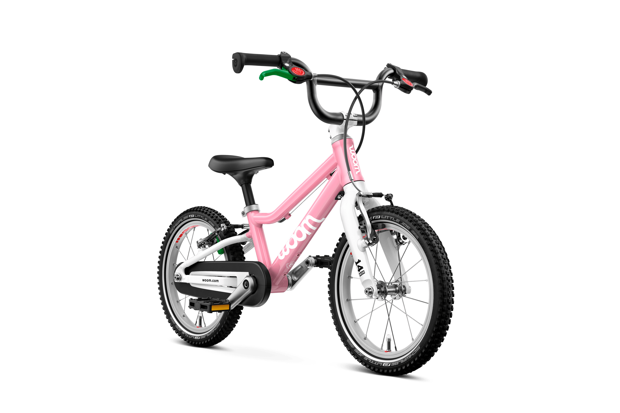 Aanzicht schuin van voren van de woom GO 2-kinderfiets voor kinderen vanaf drie jaar