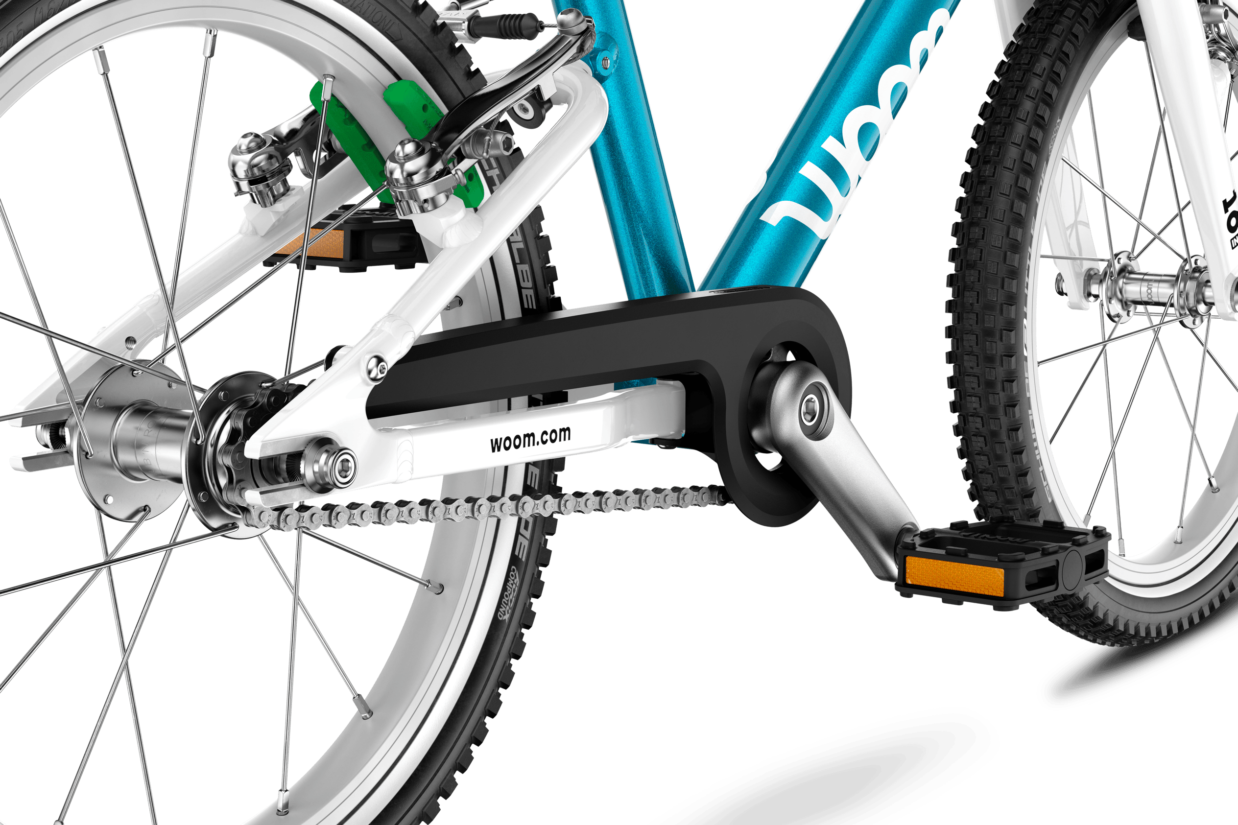 Detailansicht des einflügeligen Kettenschutzes am Kinderfahrrad woom GO 3