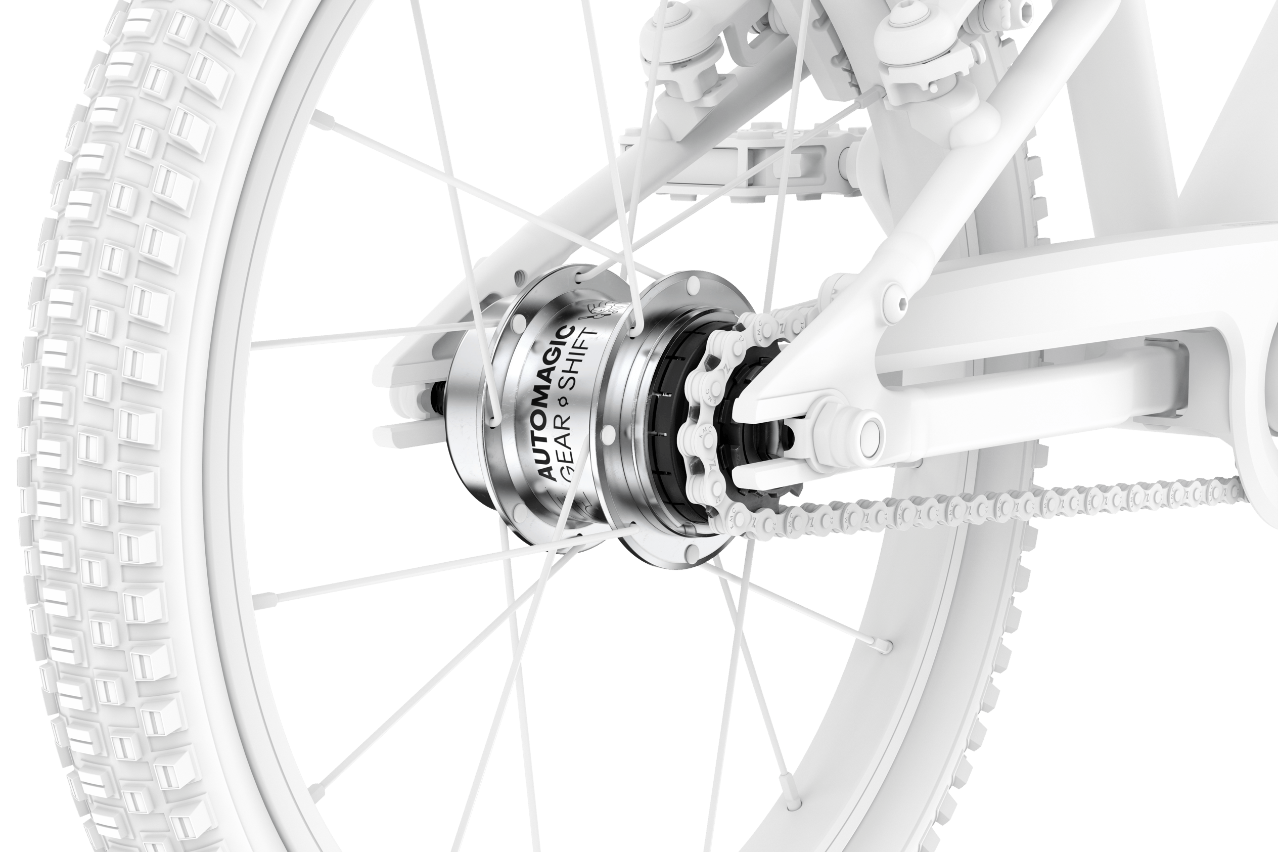 Zoom sur le moyeu à vitesses intégrées d’un vélo enfant woom GO 3 AUTOMAGIC blanc
