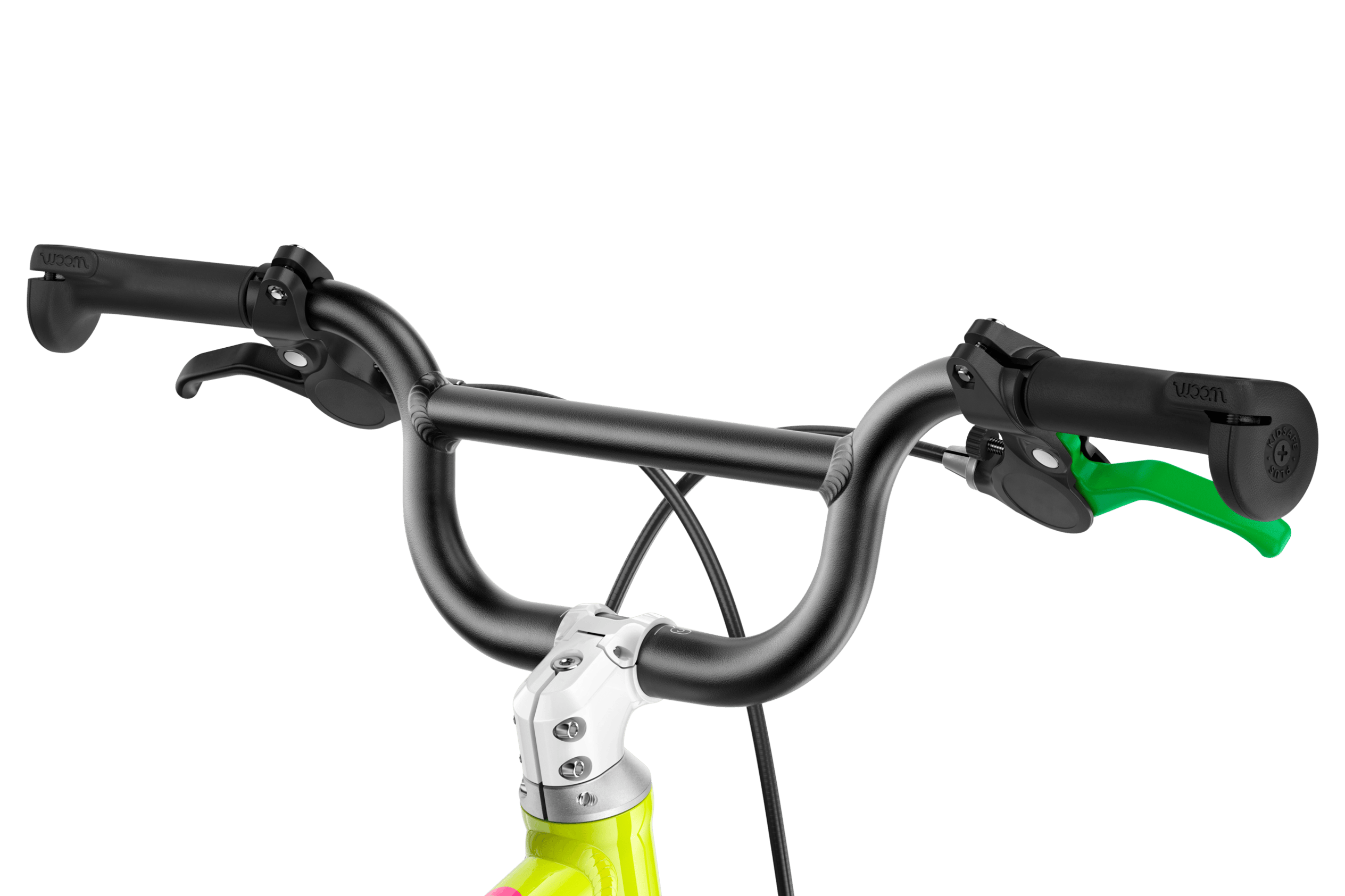 Detailed view of the stem, BMX handlebars and grips on the woom GO 3 AUTOMAGIC children's bike