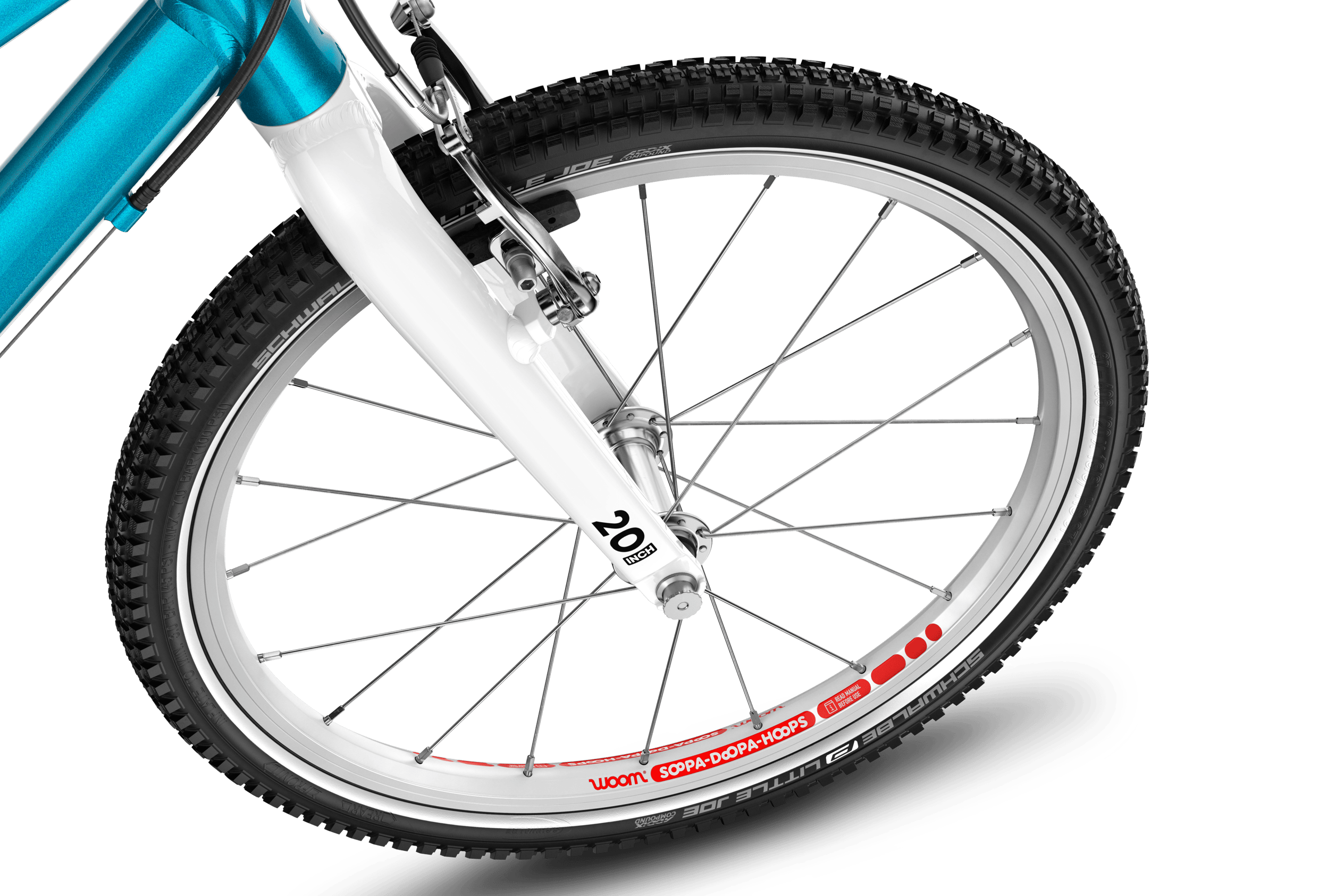 Detaljeret billede af 20" forhjulet på en woom GO 4 børnecykel