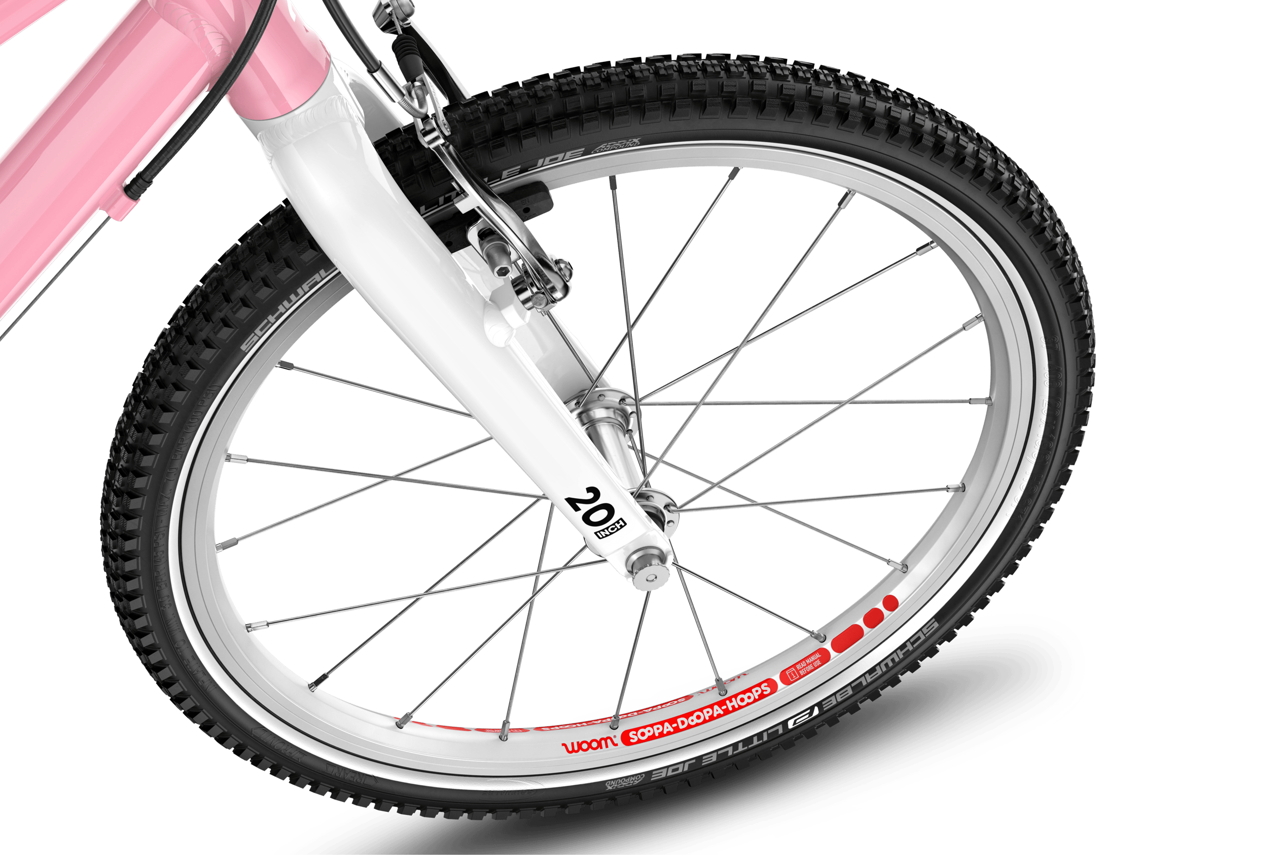 Detailaanzicht van het voorwiel van 20" van de woom GO 4-kinderfiets