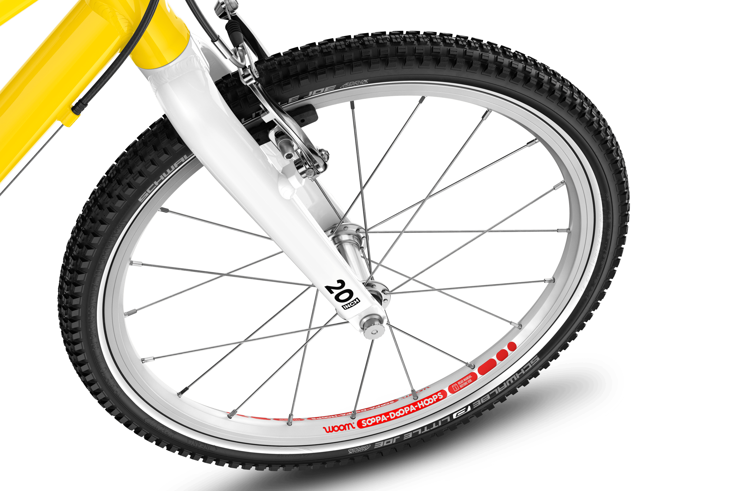 Detaljeret billede af 20" forhjulet på en woom GO 4 børnecykel