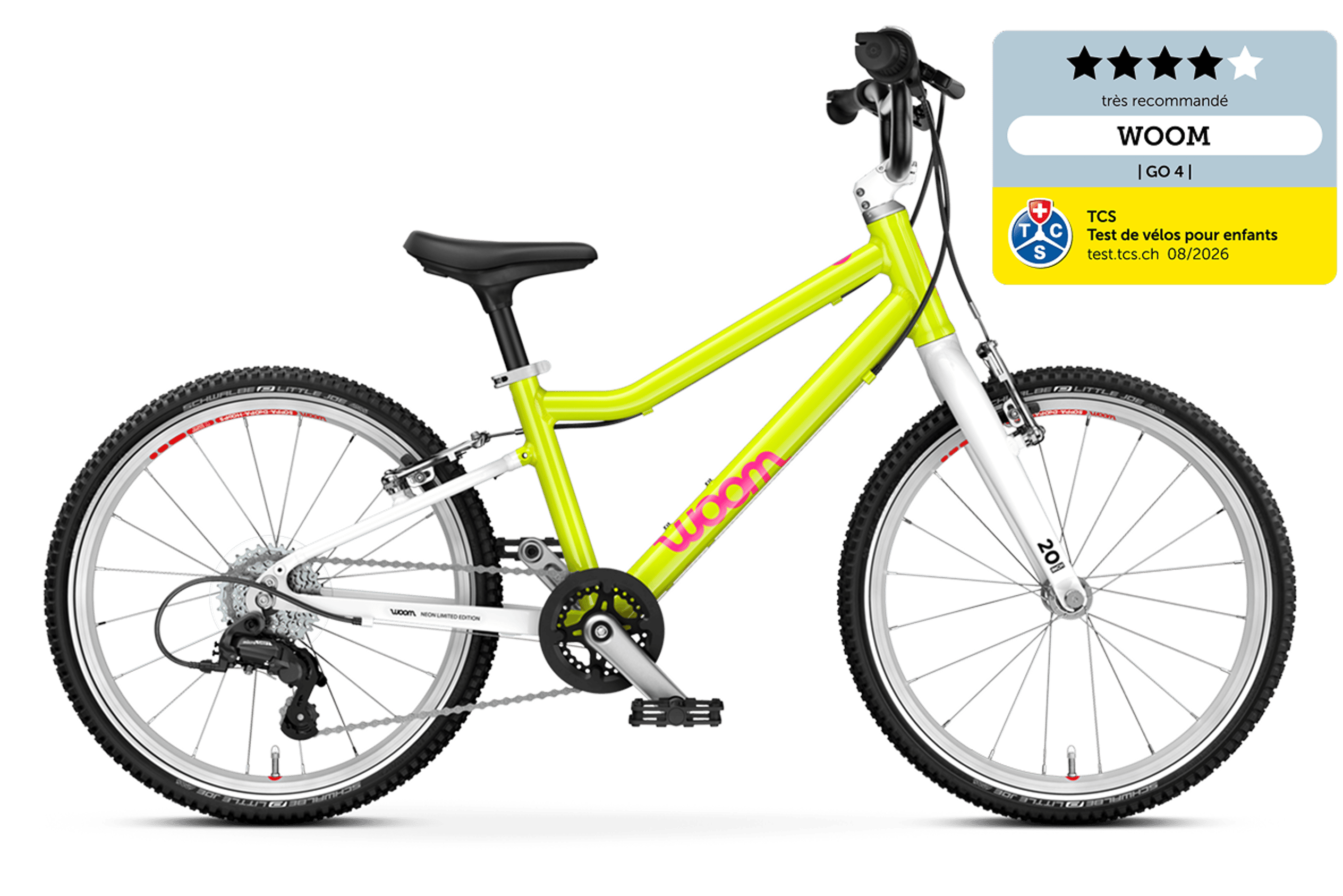 Vue latérale de l’avant du vélo woom GO 4 pour les enfants à partir de six ans