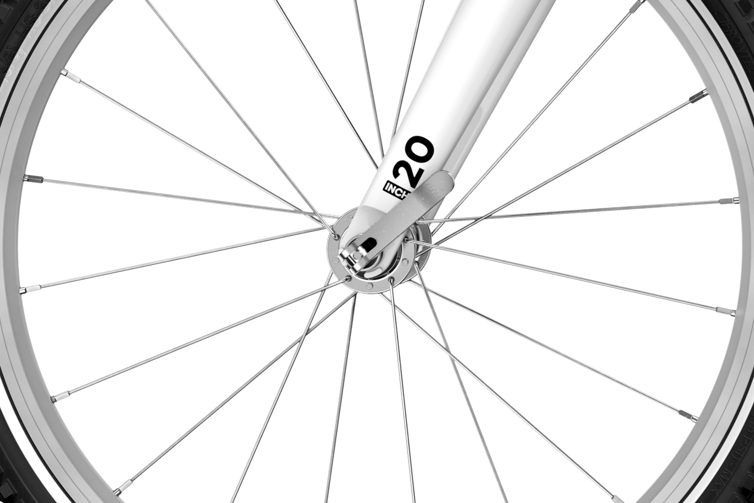 Detailaanzicht van de snelspanner bij het voorwiel van de woom GO 4 van 20"