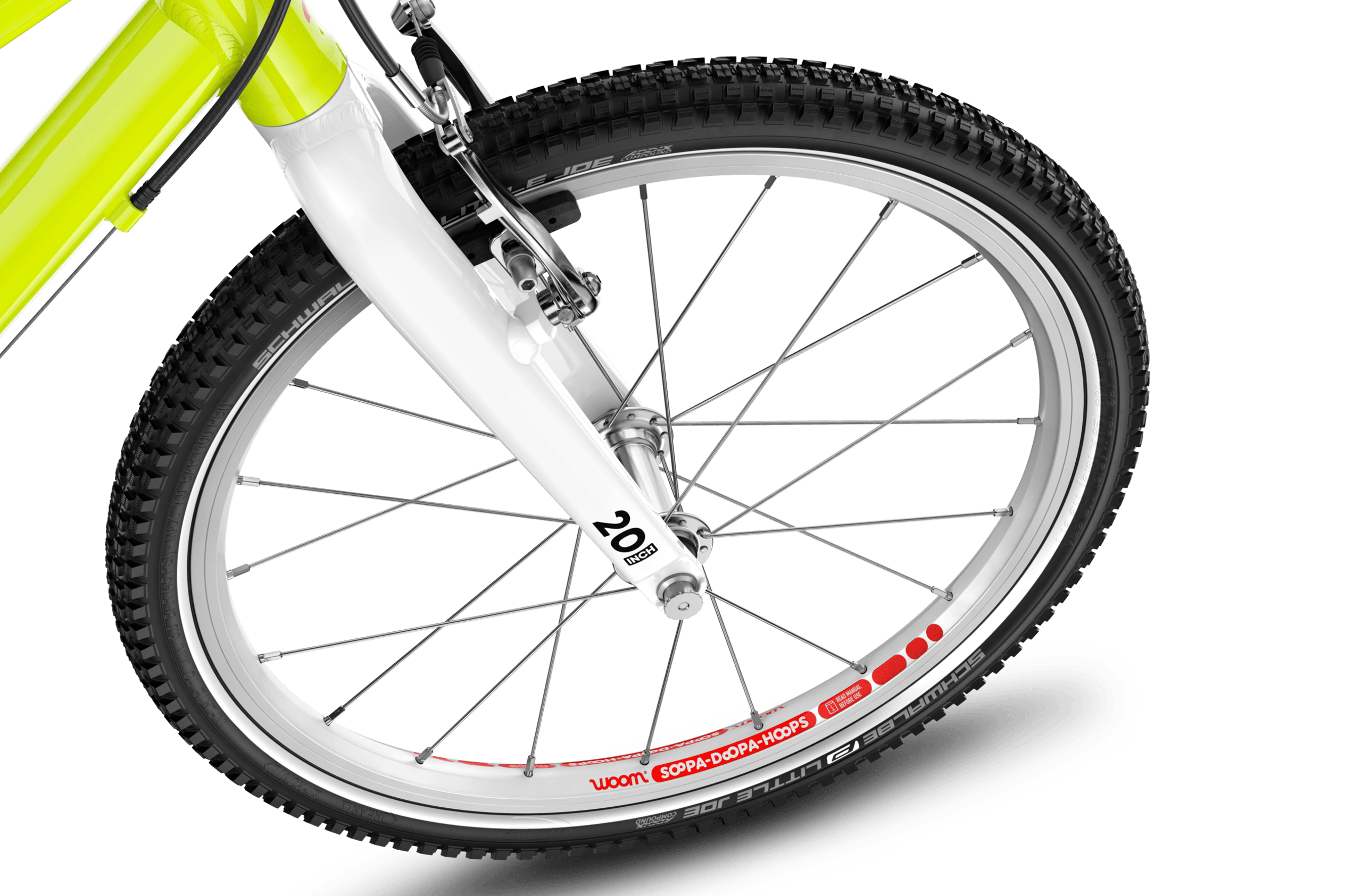 Detailaanzicht van het voorwiel van 20" van de woom GO 4-kinderfiets