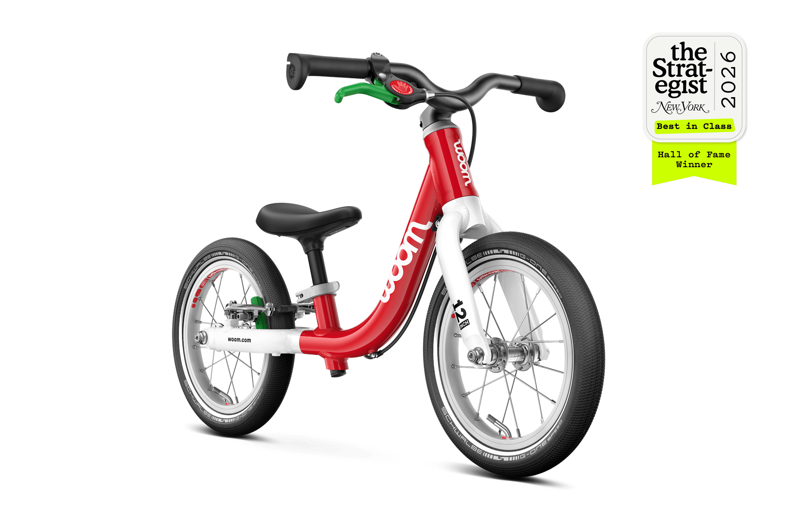 Side front view of the woom GO 1 balance bike for children aged 18 months and up
