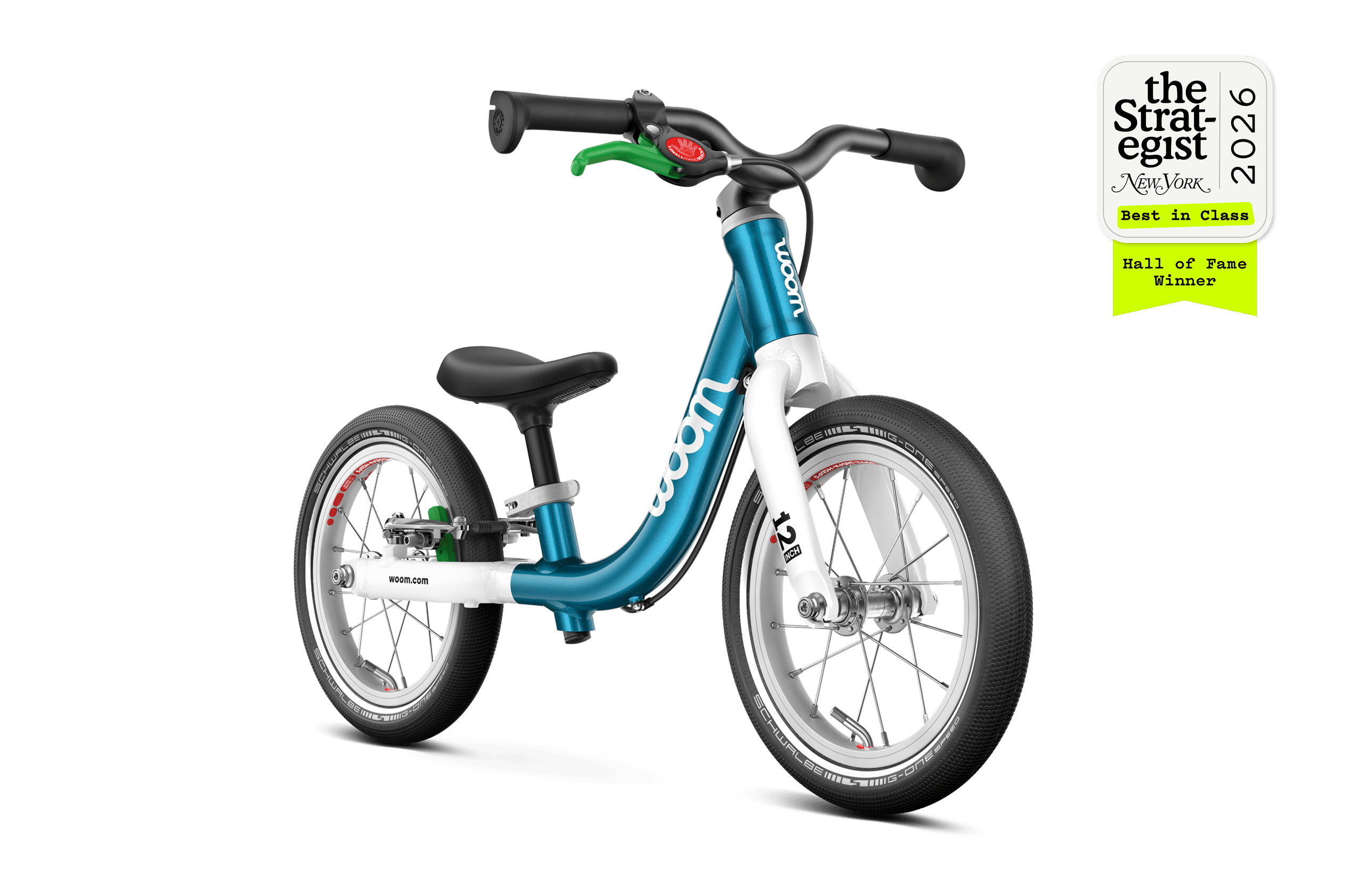 Side front view of the woom GO 1 balance bike for children aged 18 months and up