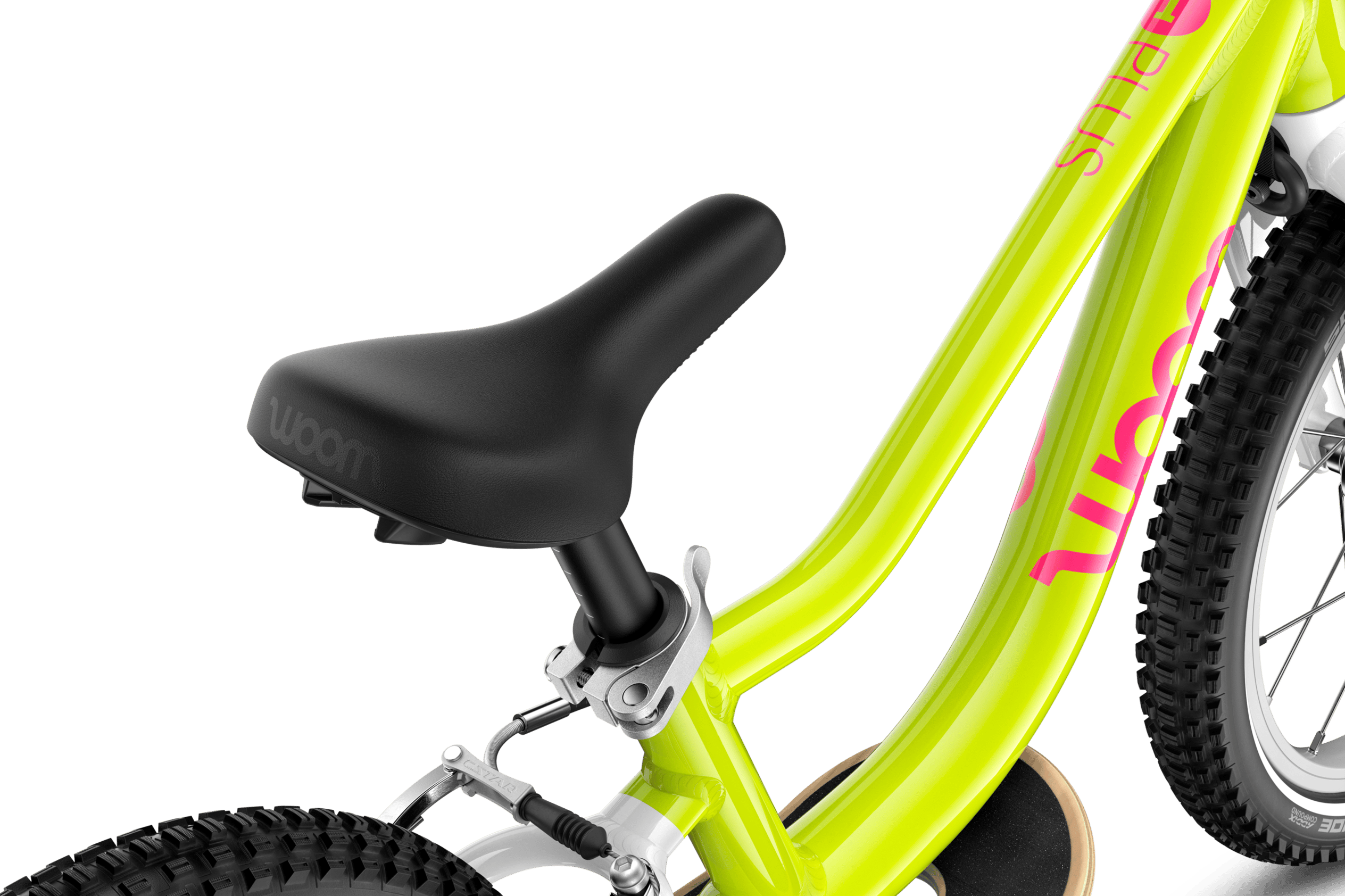 Detailed view of the banana-shaped saddle on the woom GO 1 PLUS balance bike