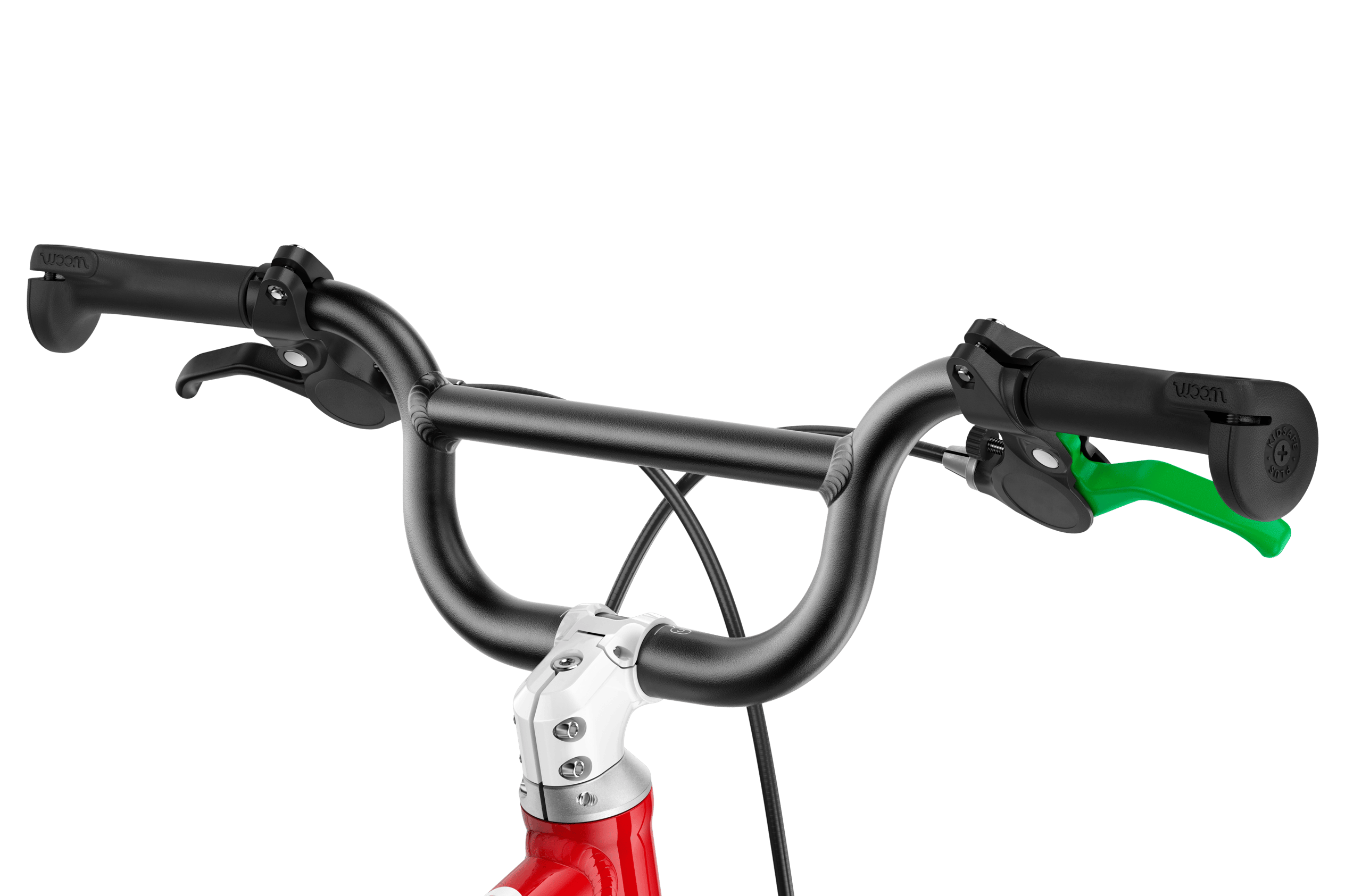 Detailed view of the stem, BMX handlebars and grips on the woom GO 3 AUTOMAGIC children's bike