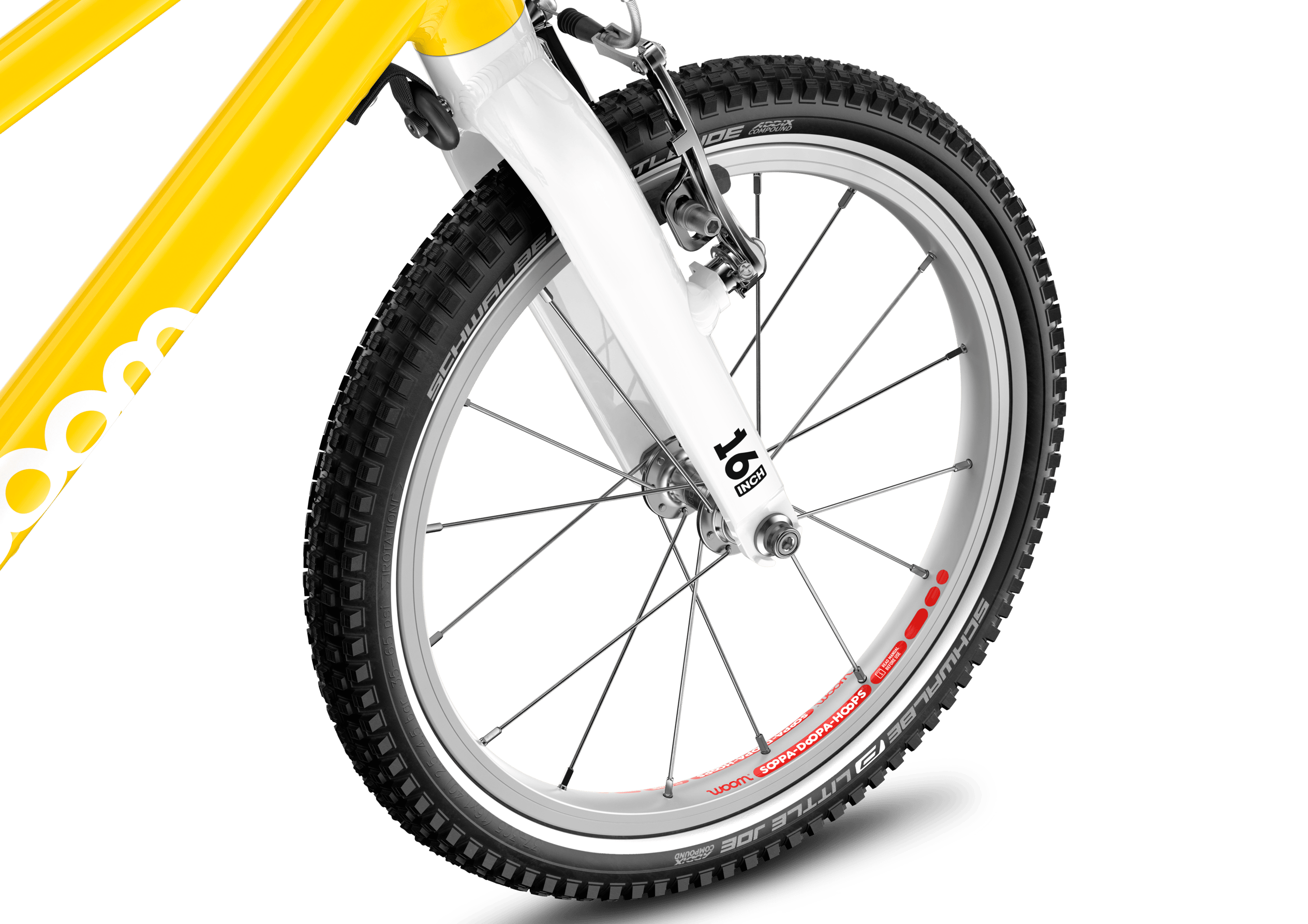 Detailed view of the front 16″ wheel on the woom GO 3 AUTOMAGIC children's bike