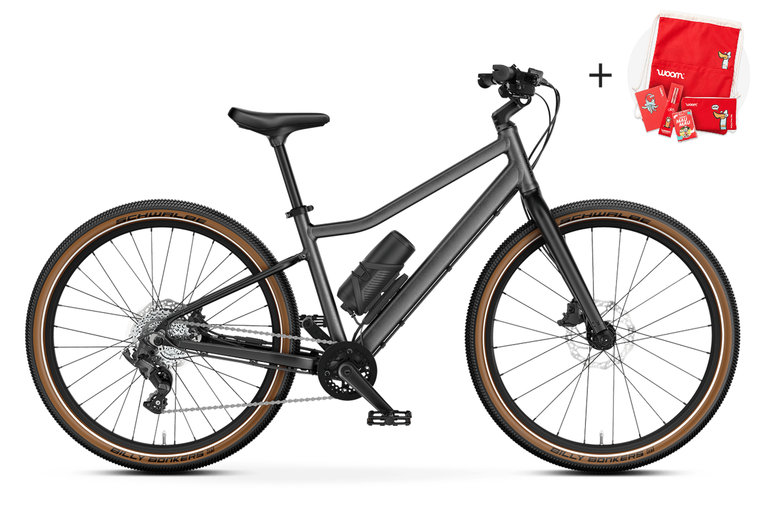 Seitenansicht des woom EXPLORE e 5 E-Bikes, Fahrtrichtung nach rechts.